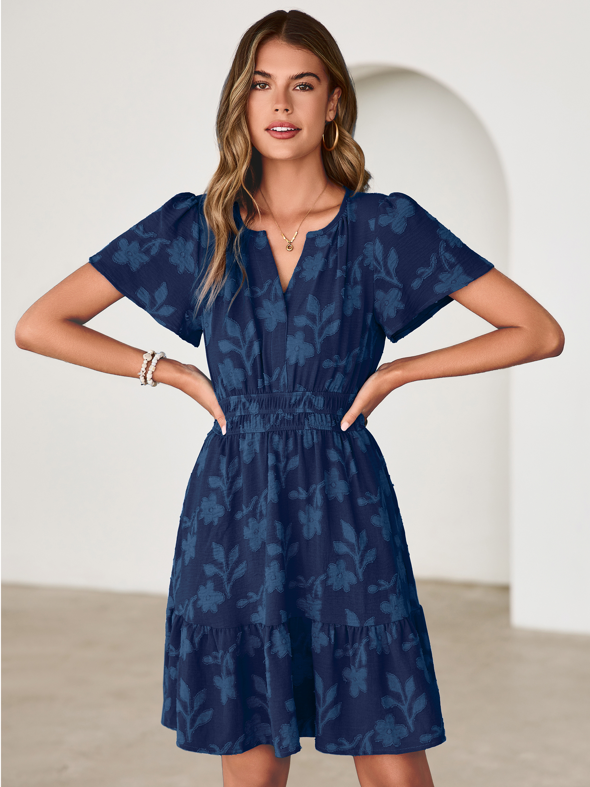 Floral Jacquard V Neck Short Sleeve Mini Dress - Navy Blue