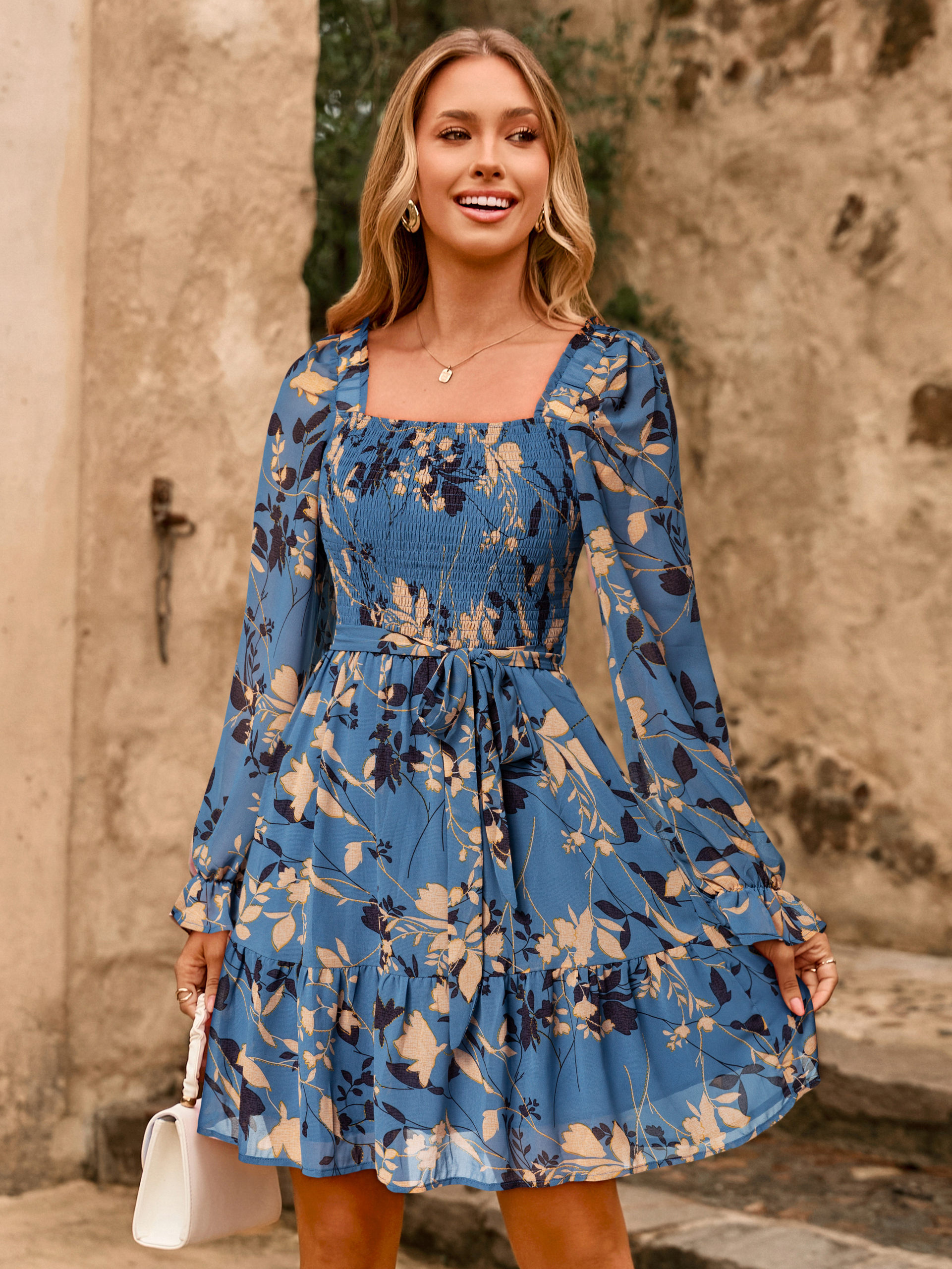 Boho Floral Chiffon Smocked Mini Dress - Dusty Blue Floral