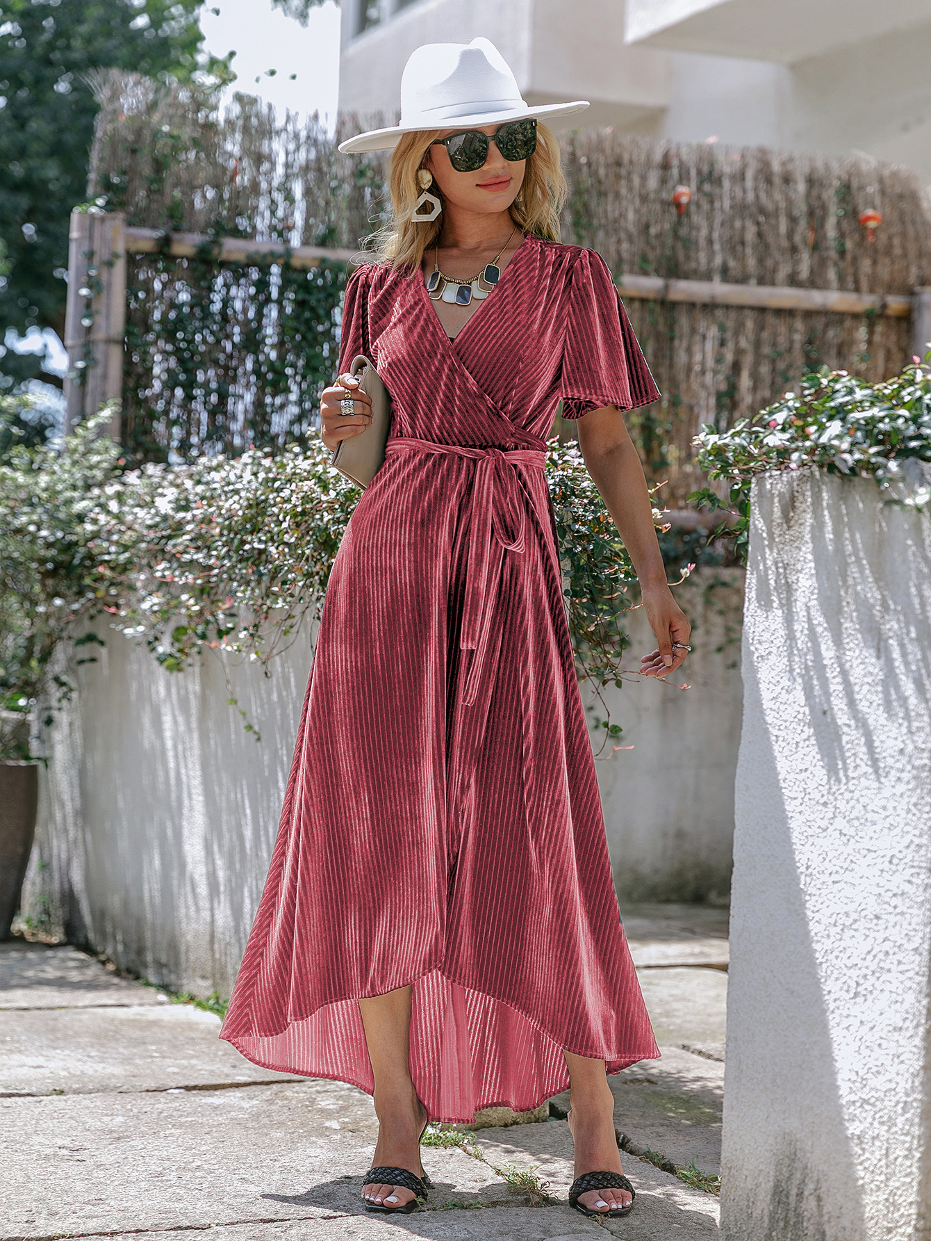 Velvet V-Neck Short Sleeve Belted Wrap Maxi Dress