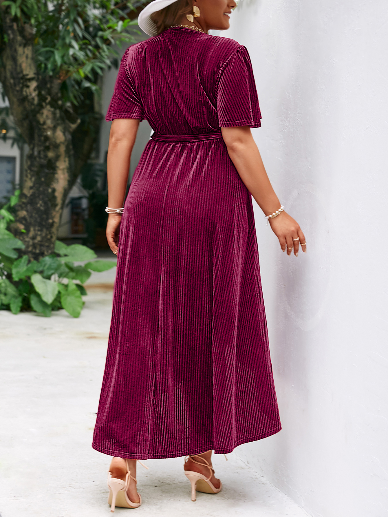 Plus Size Velvet V Neck Short Sleeve Wrap Maxi Dress