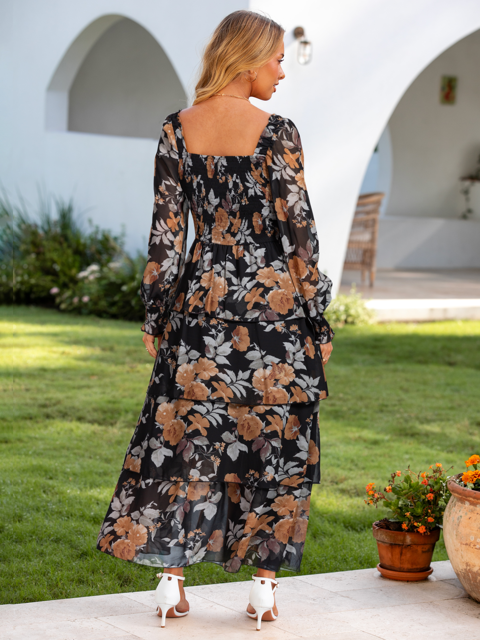 Floral Chiffon Tiered Smocked Wedding Guest Dress