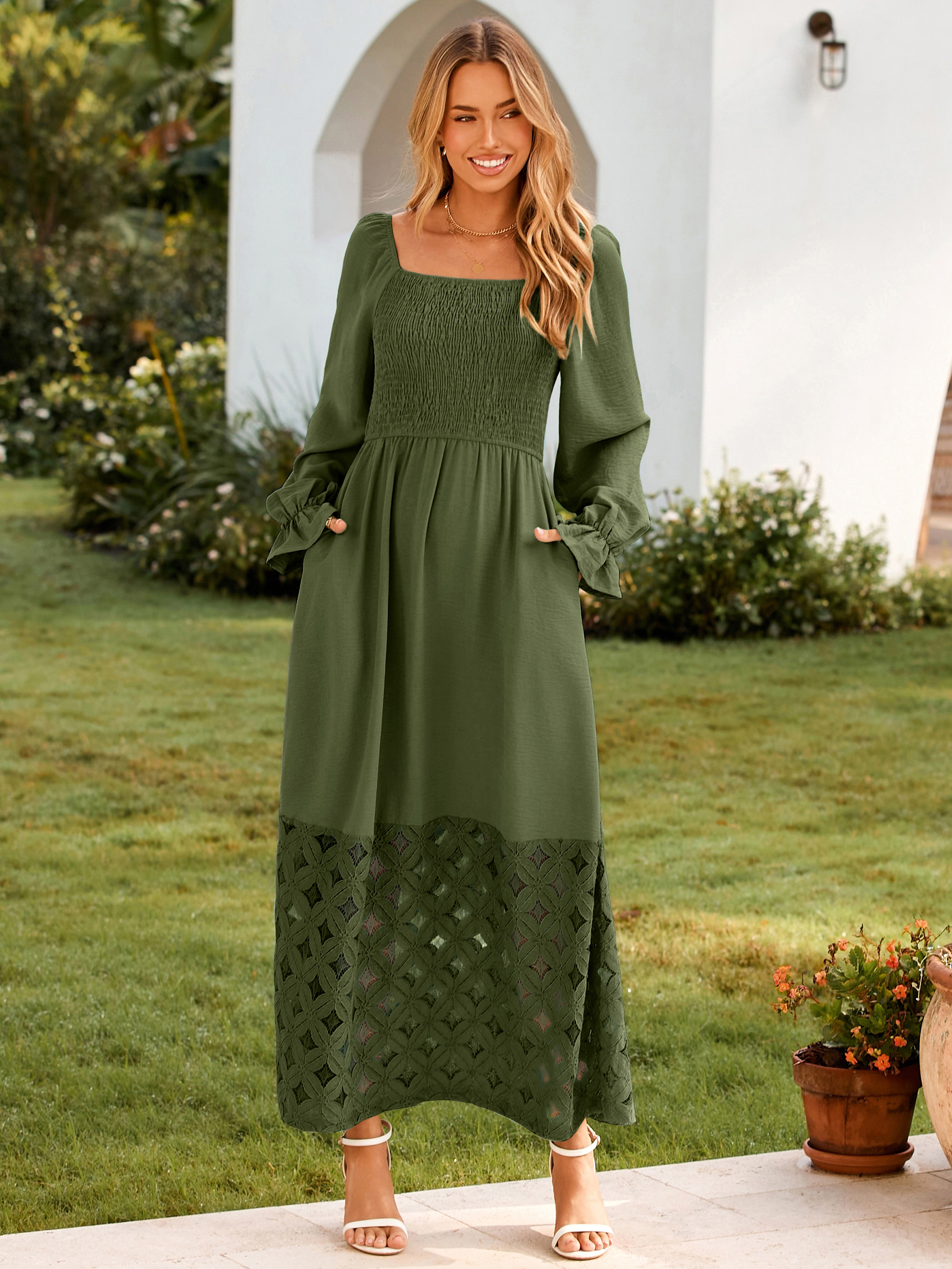 Boho Flowy Square Neck Wedding Guest Maxi Dress