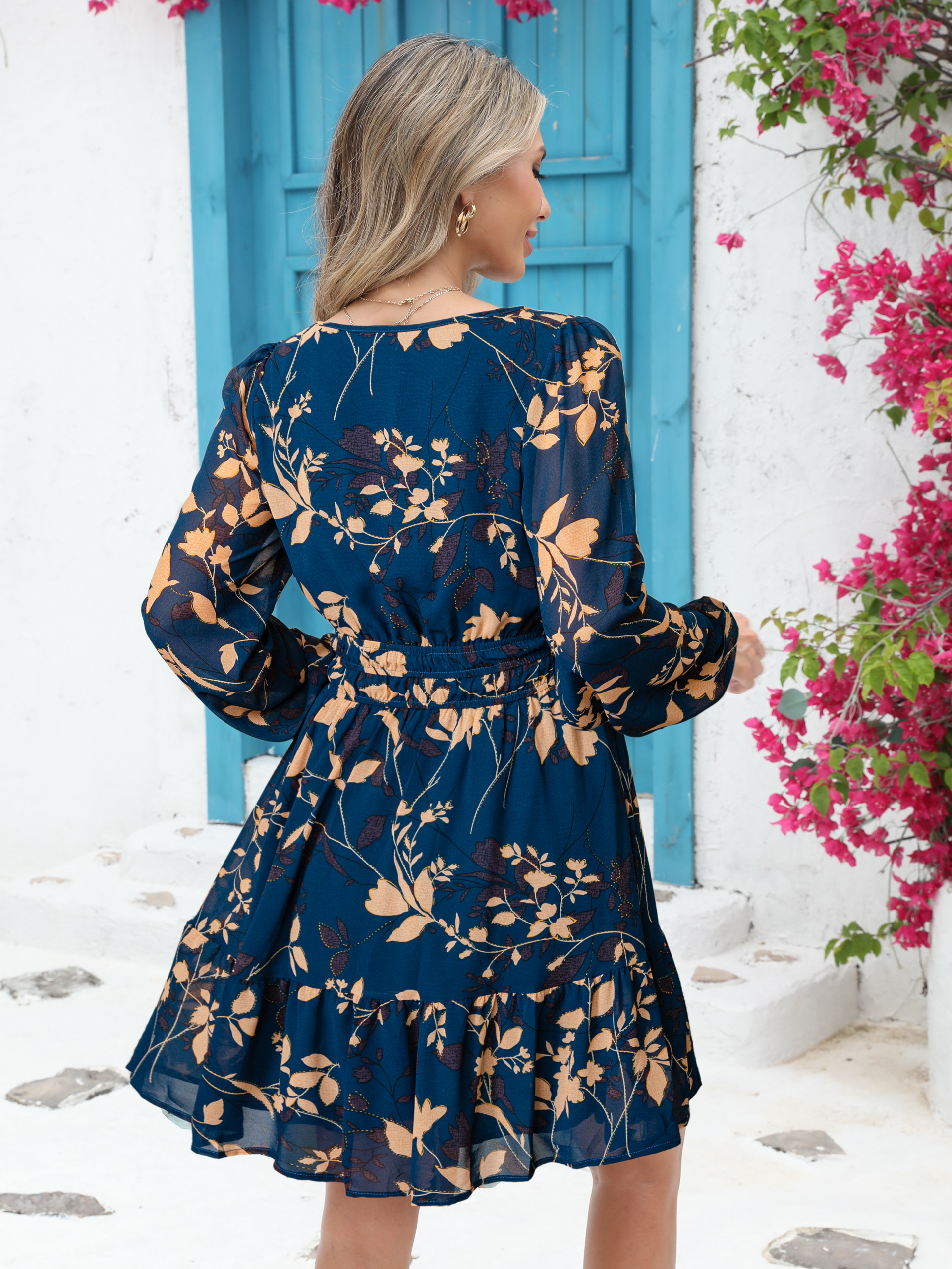 Boho V Neck A Line Floral Chiffon Mini Dress