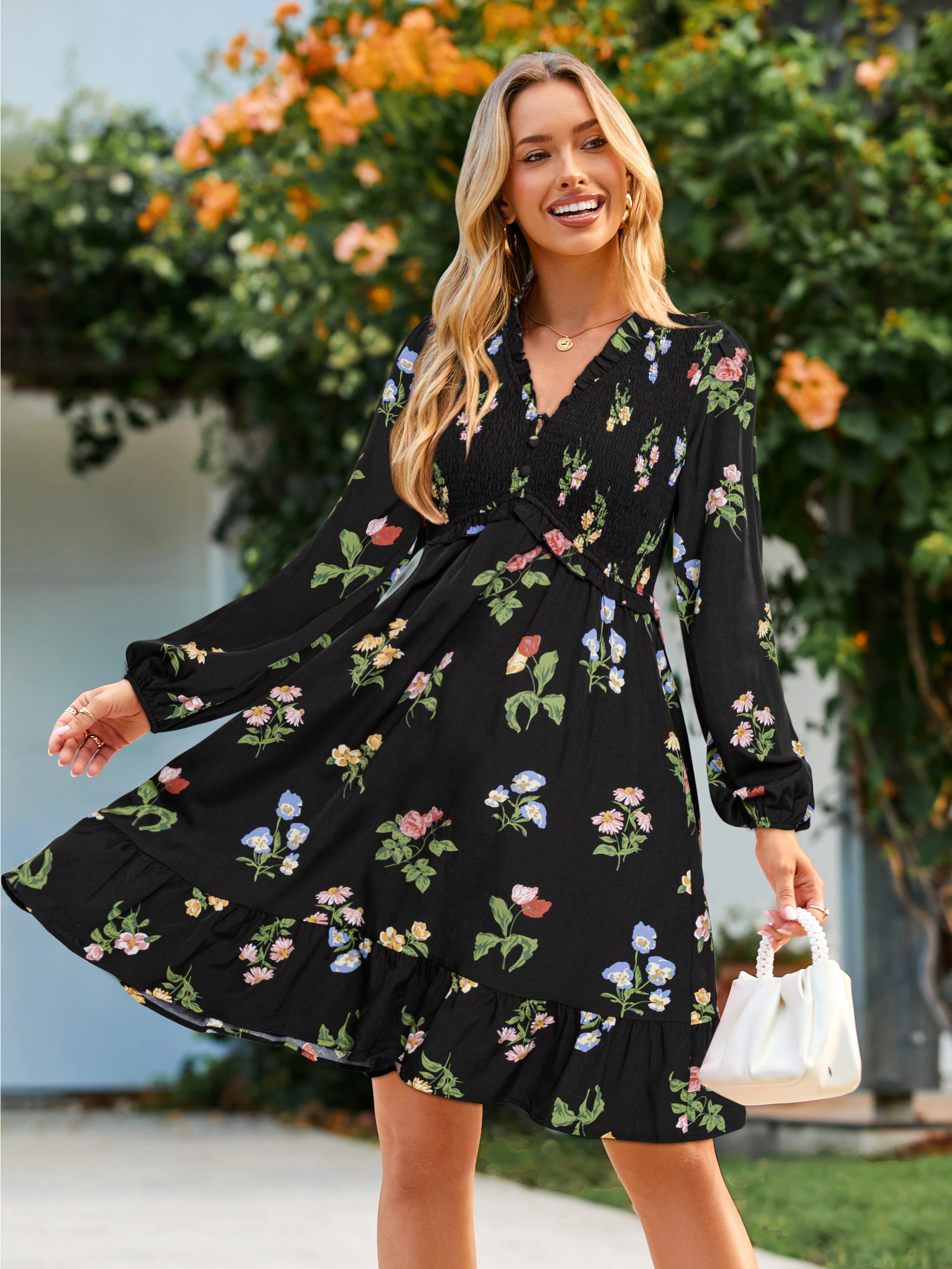 Floral Ruffle Empire Waist Babydoll Mini Dress