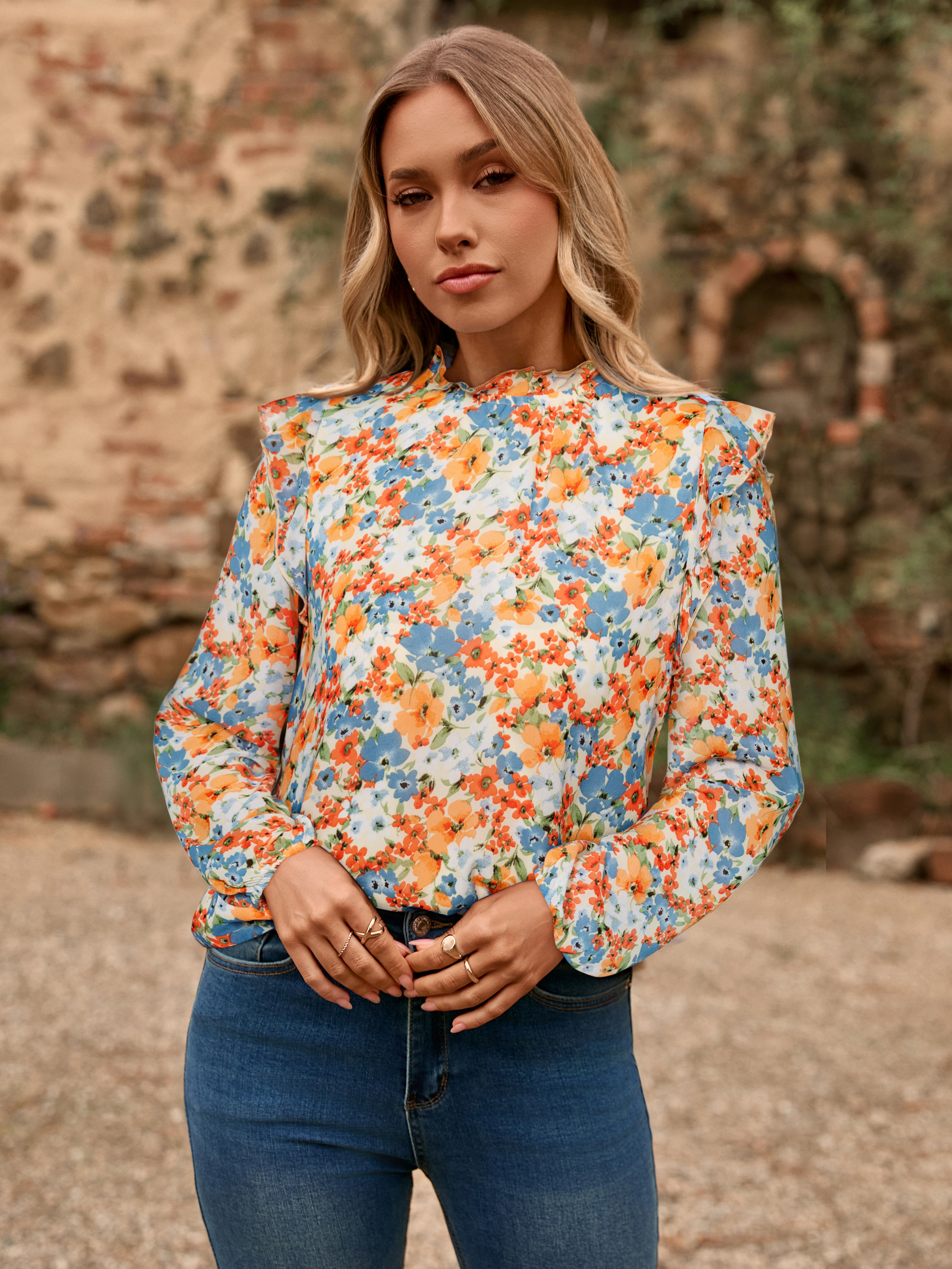 Boho Floral Ruffle Long Sleeve Blouse