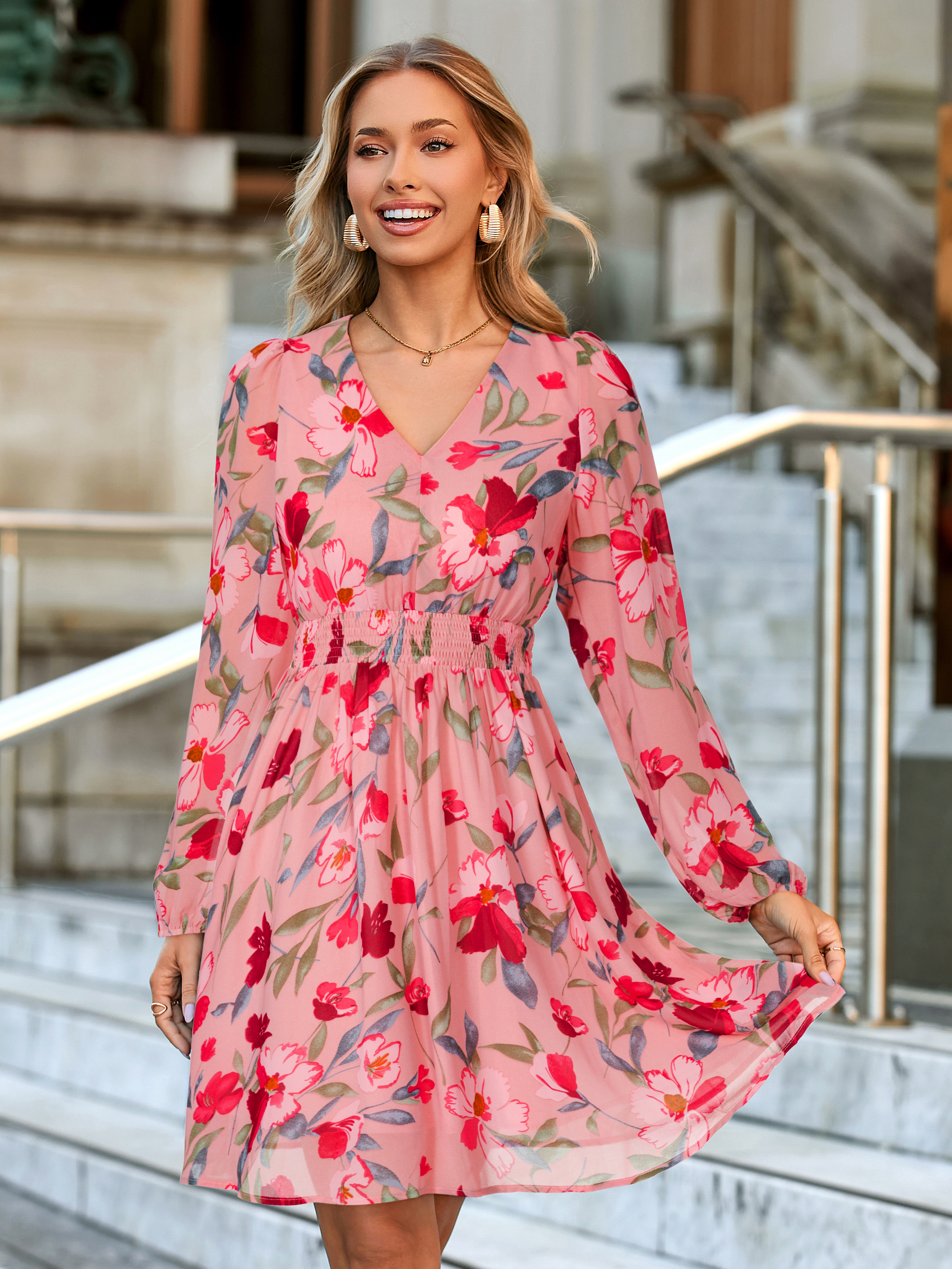 Boho Flowy Floral Chiffon Wedding Guest Mini Dress
