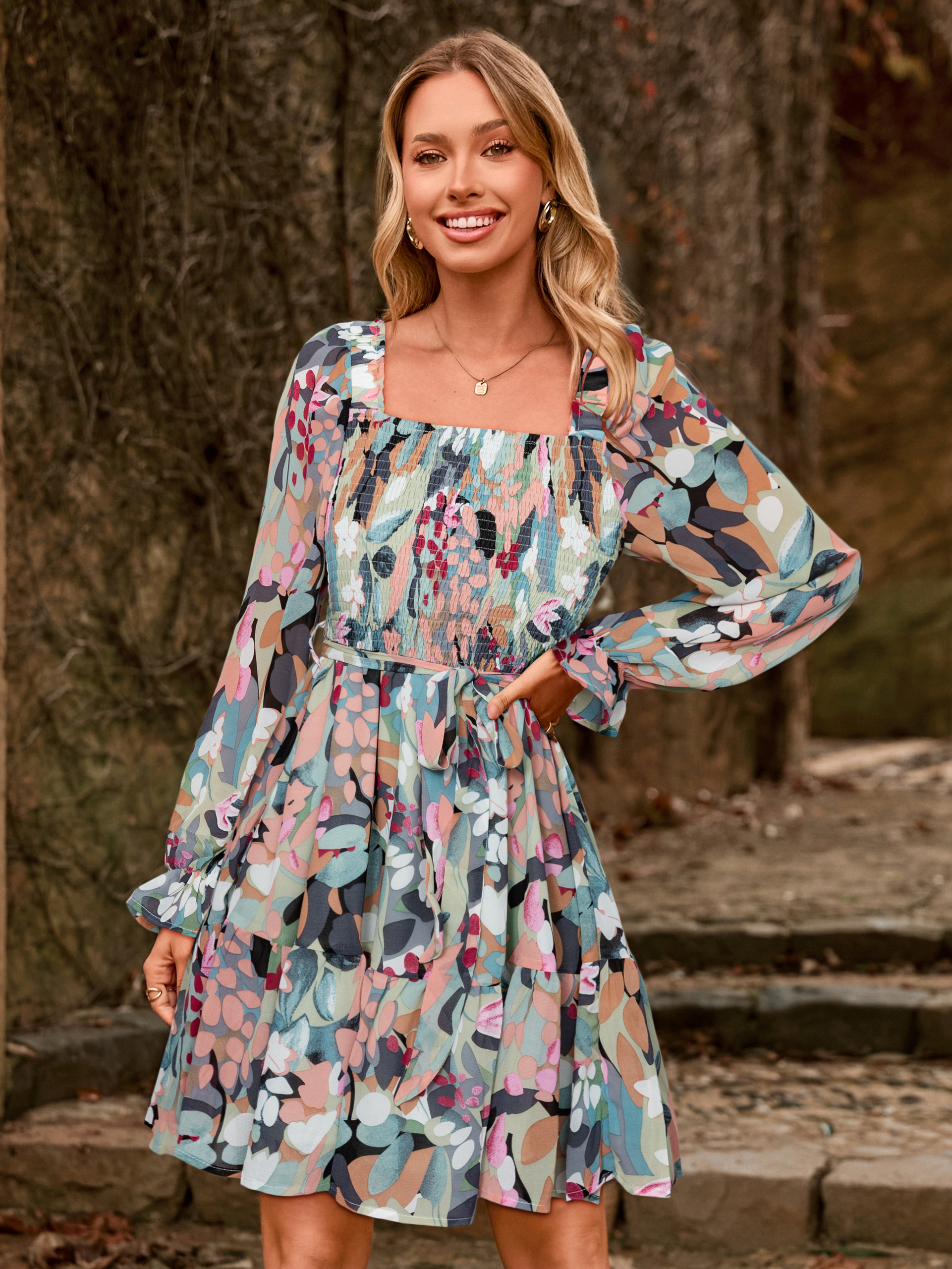 Boho Floral Chiffon Smocked Mini Dress