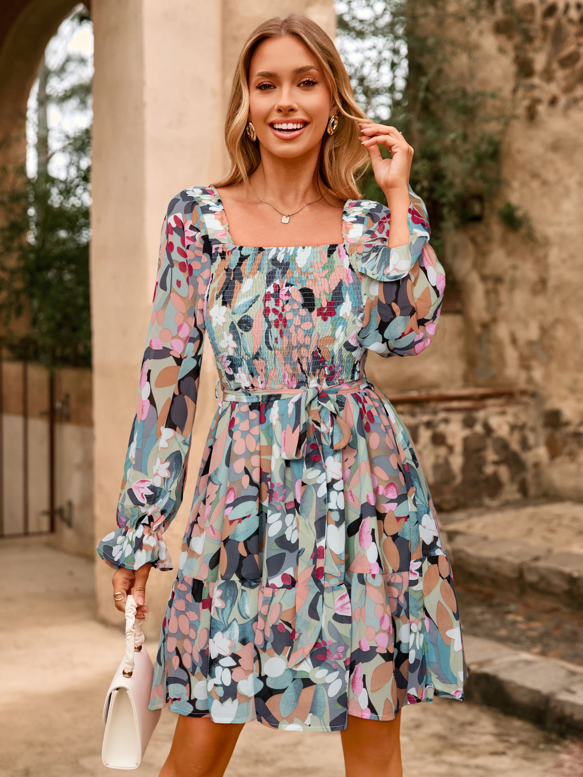 Boho Floral Chiffon Smocked Mini Dress