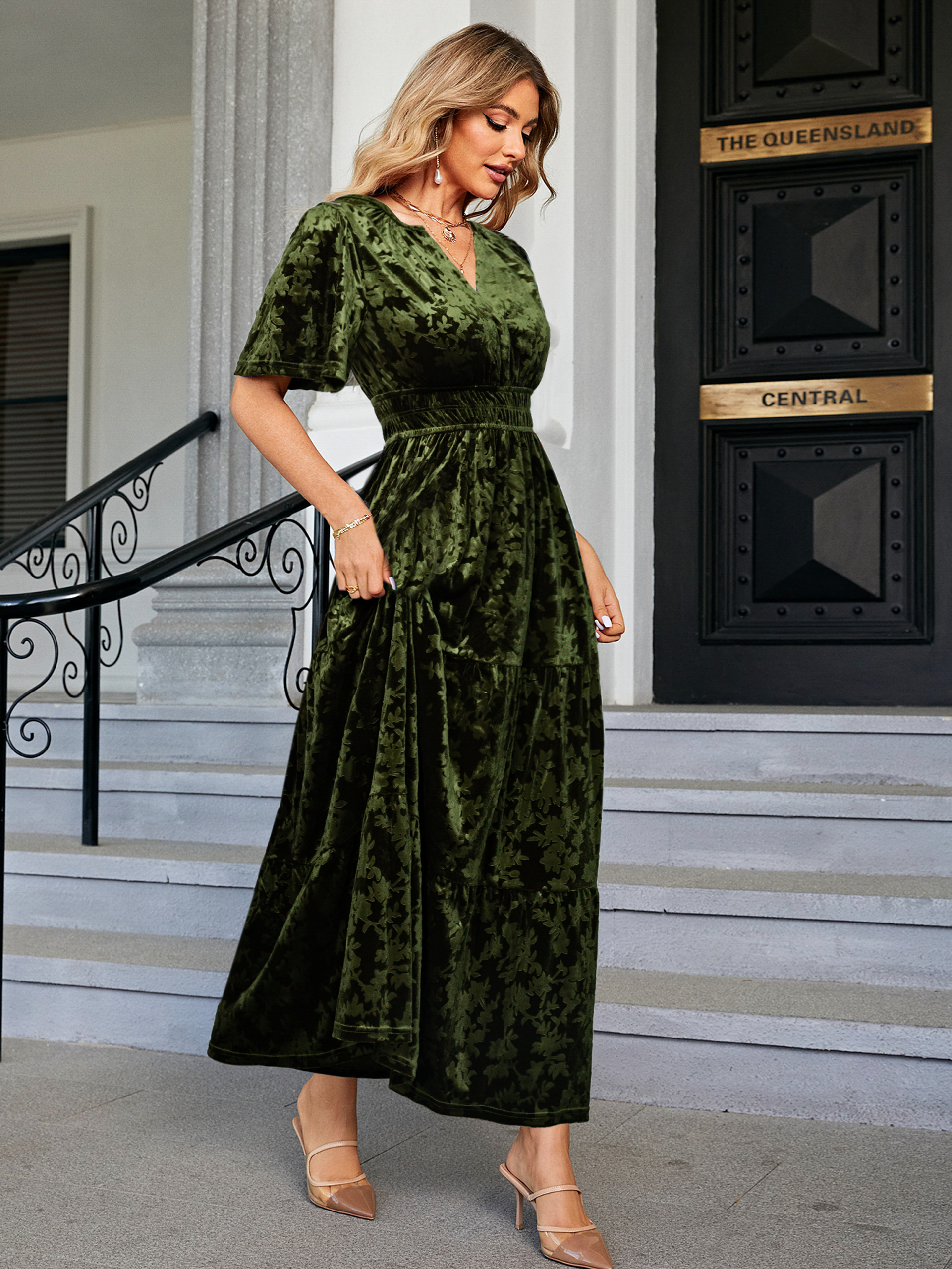 Velvet Print V-Neck Empire Tiered Ruffle Maxi Dress