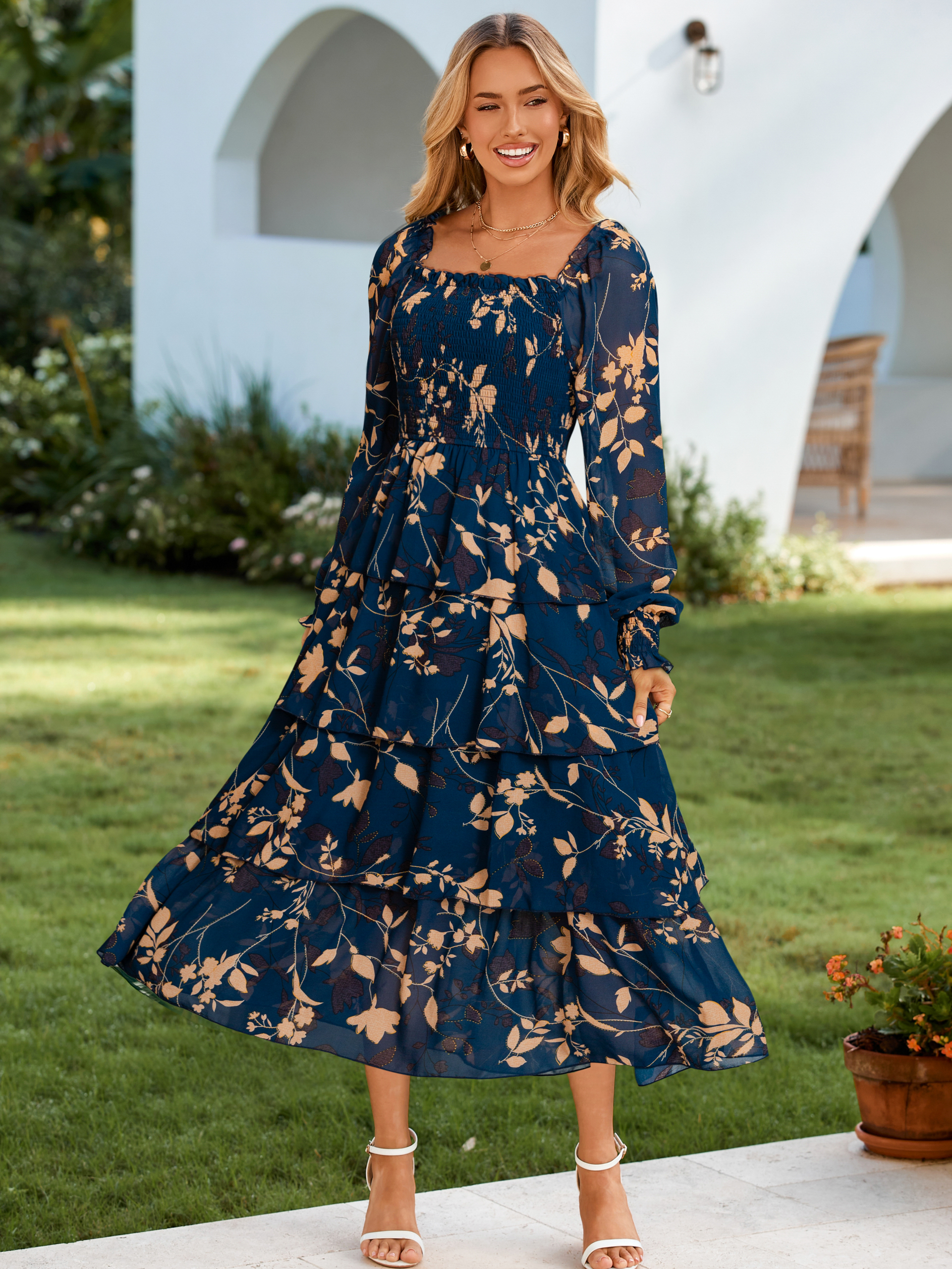 Floral Chiffon Tiered Smocked Wedding Guest Dress