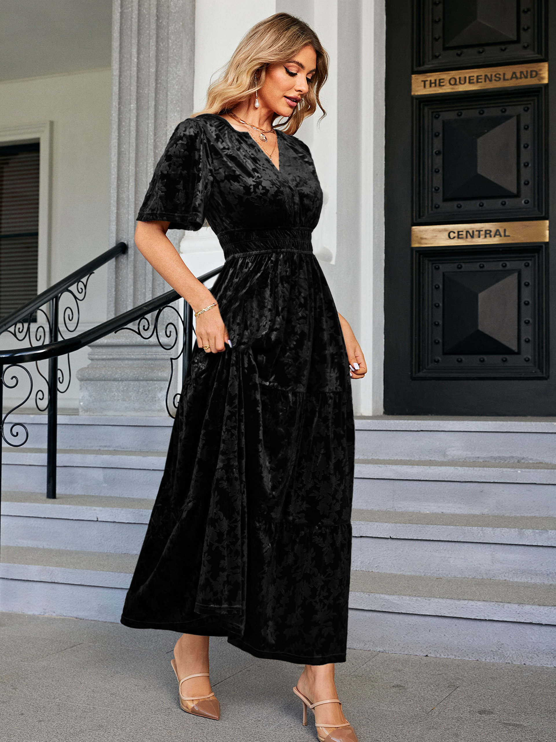 Velvet Print V-Neck Empire Tiered Ruffle Maxi Dress