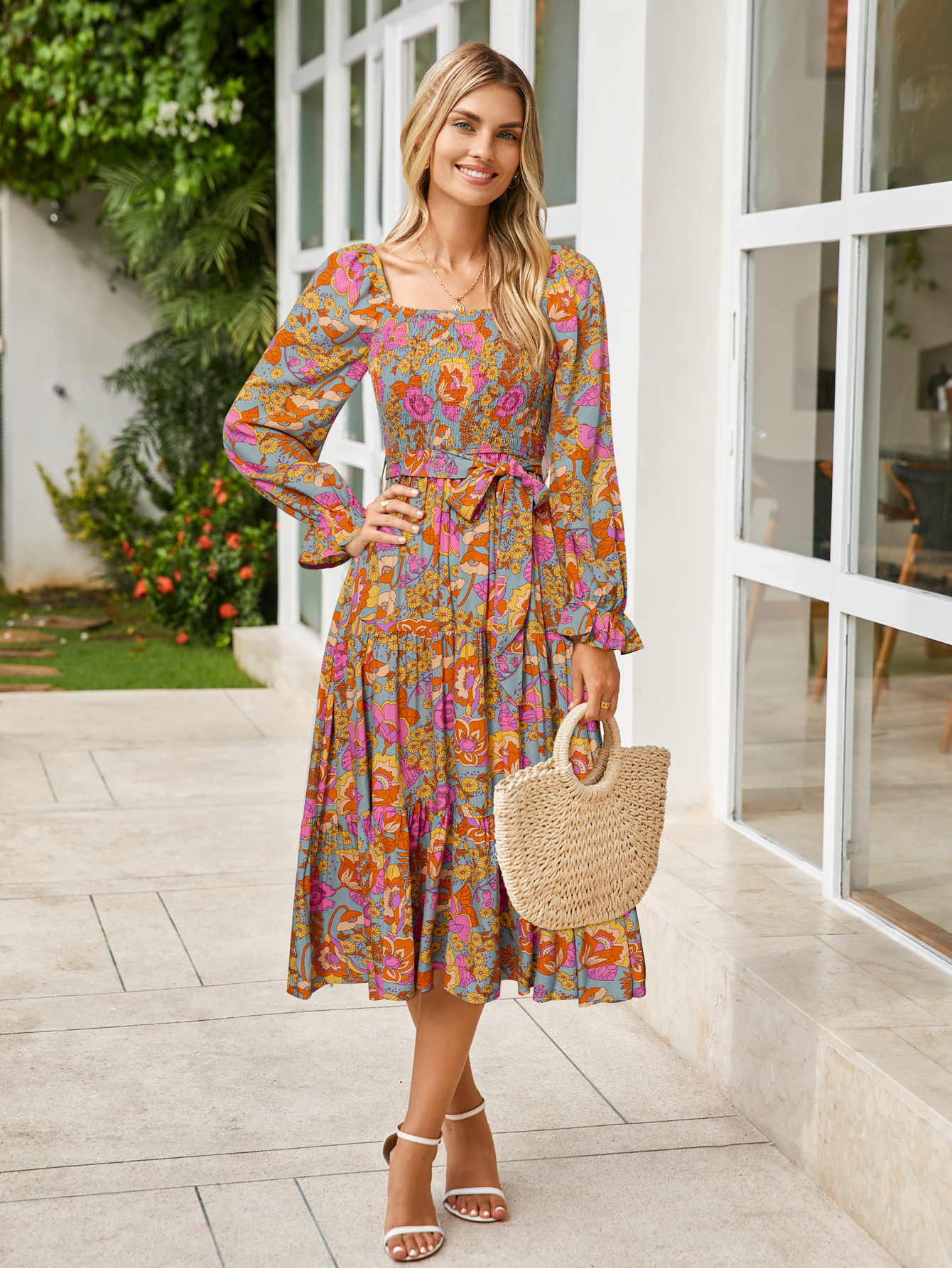 Floral Tiered Puff Sleeve Smocked Maxi Dress