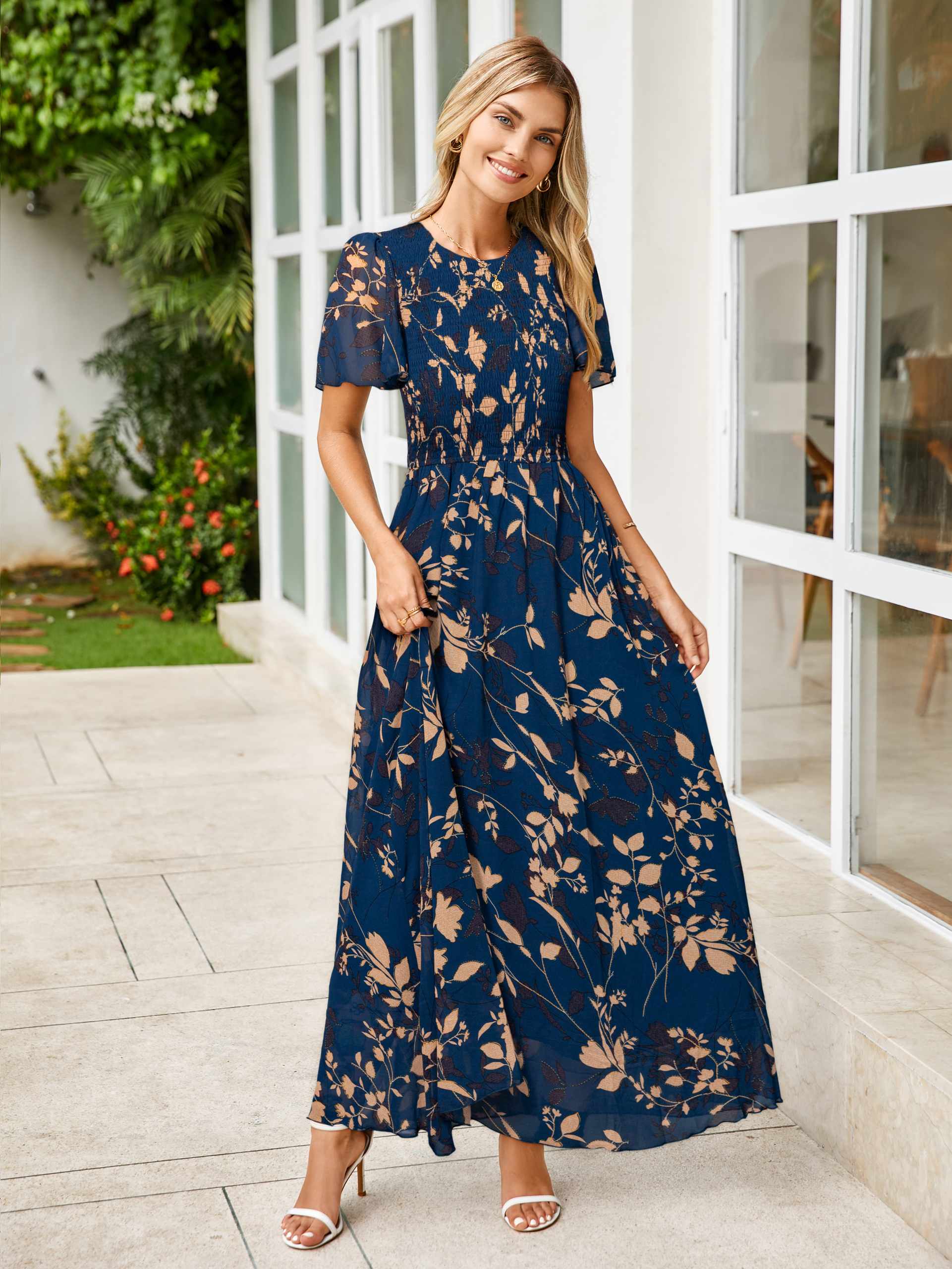 Chiffon Flutter Sleeve Smocked Floral Maxi Dress