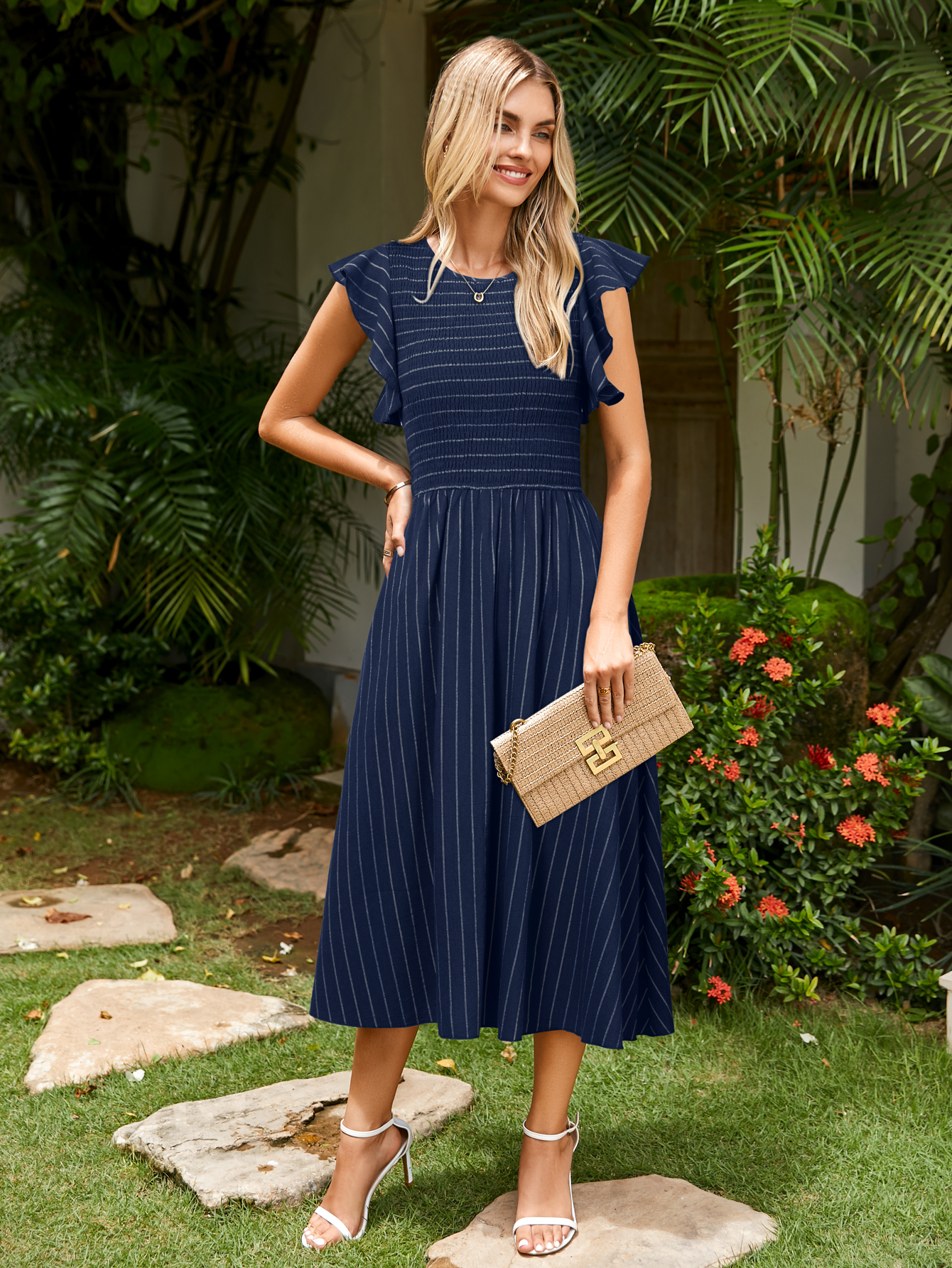 Striped Smocked Midi Dress with Flutter Sleeves