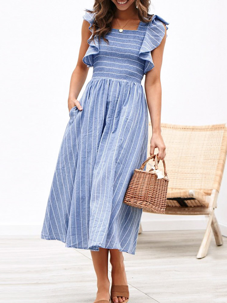 Striped Puff Sleeve Smocked A Line Midi Dress - Blue Stripe