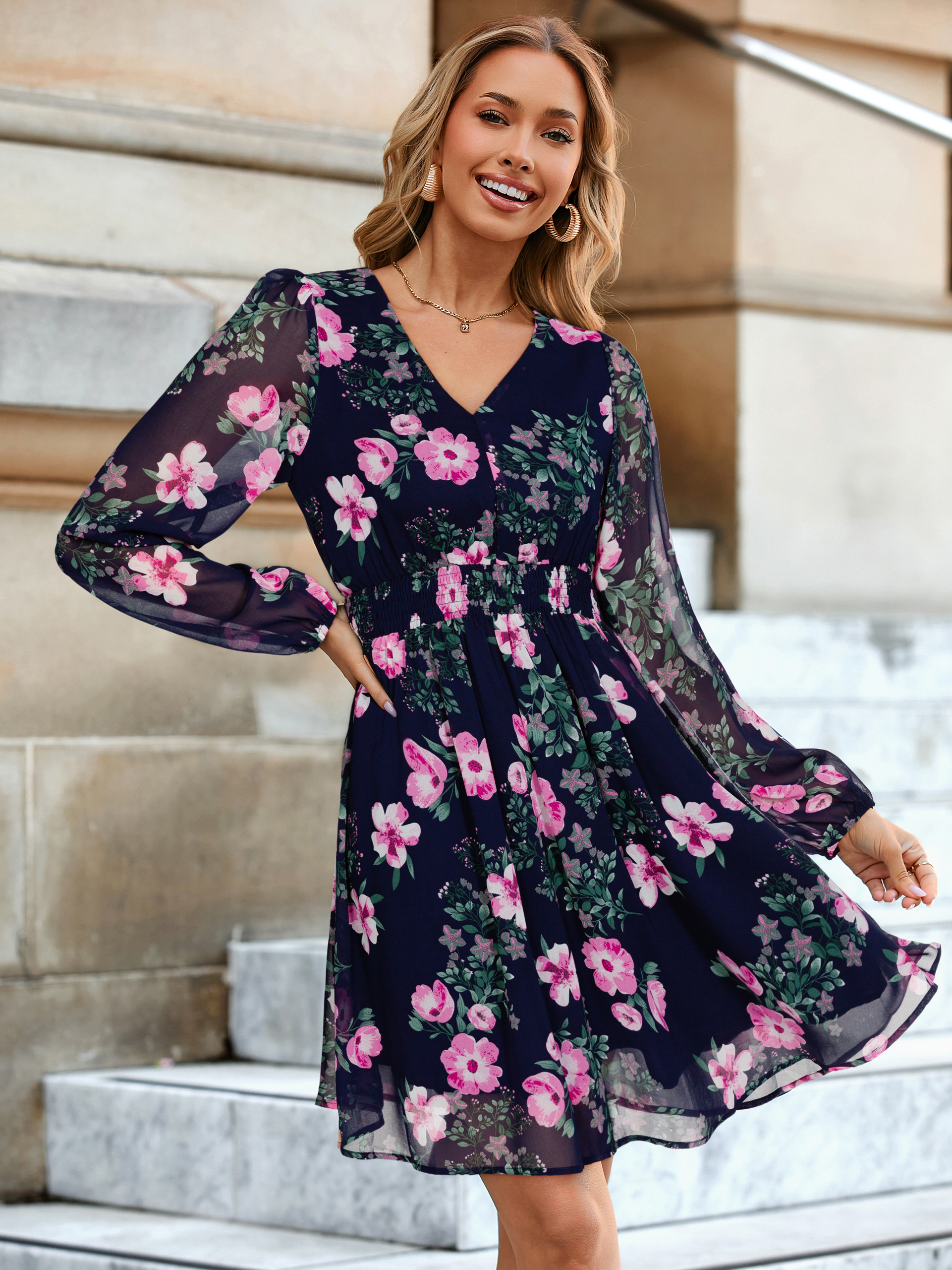 Boho Flowy Floral Chiffon Wedding Guest Mini Dress