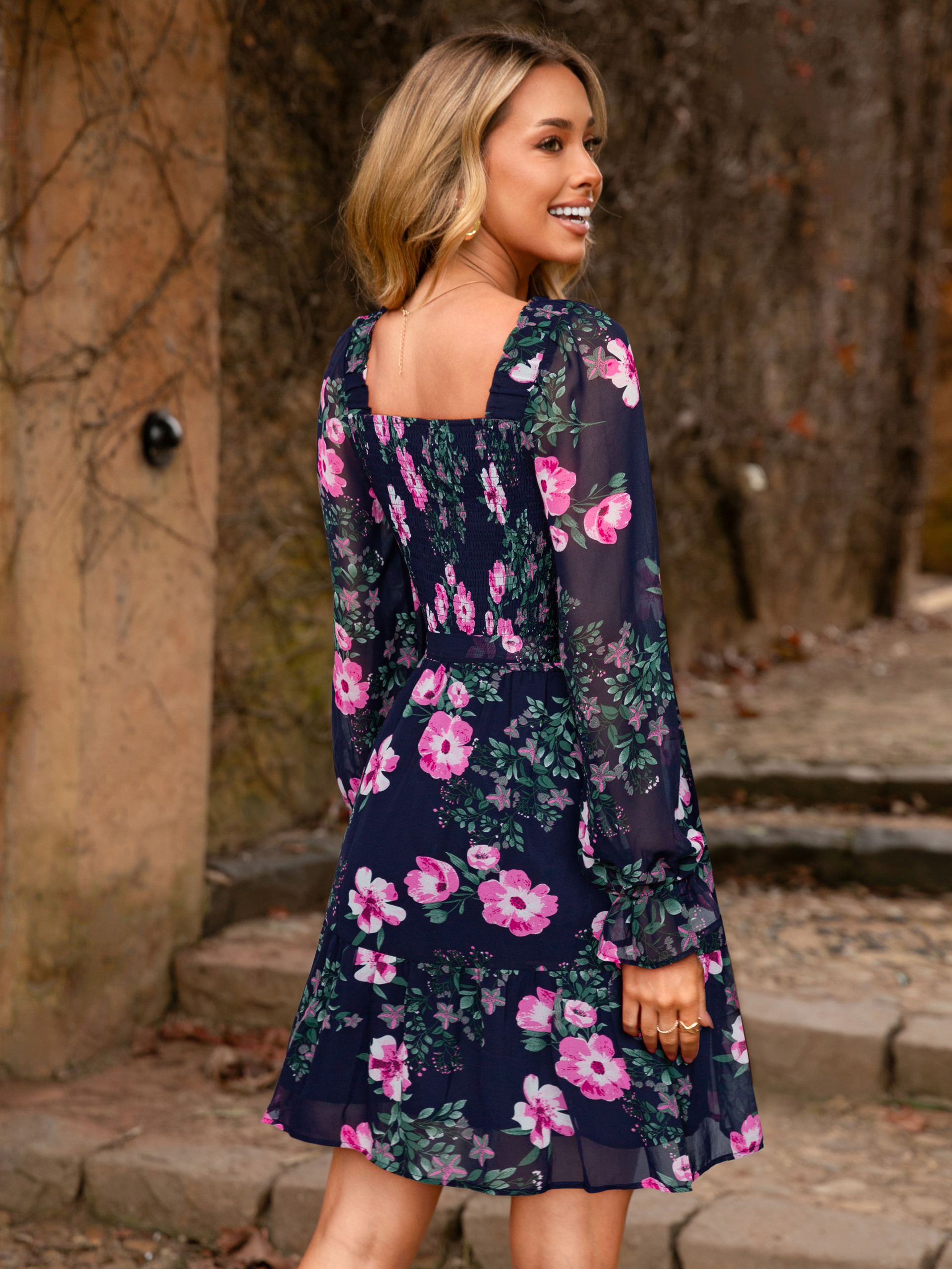 Boho Floral Chiffon Smocked Mini Dress