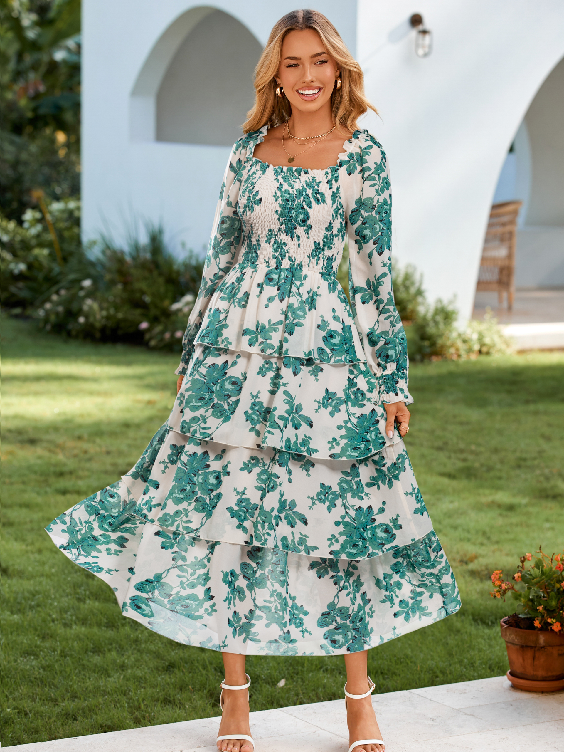 Floral Chiffon Tiered Smocked Wedding Guest Dress