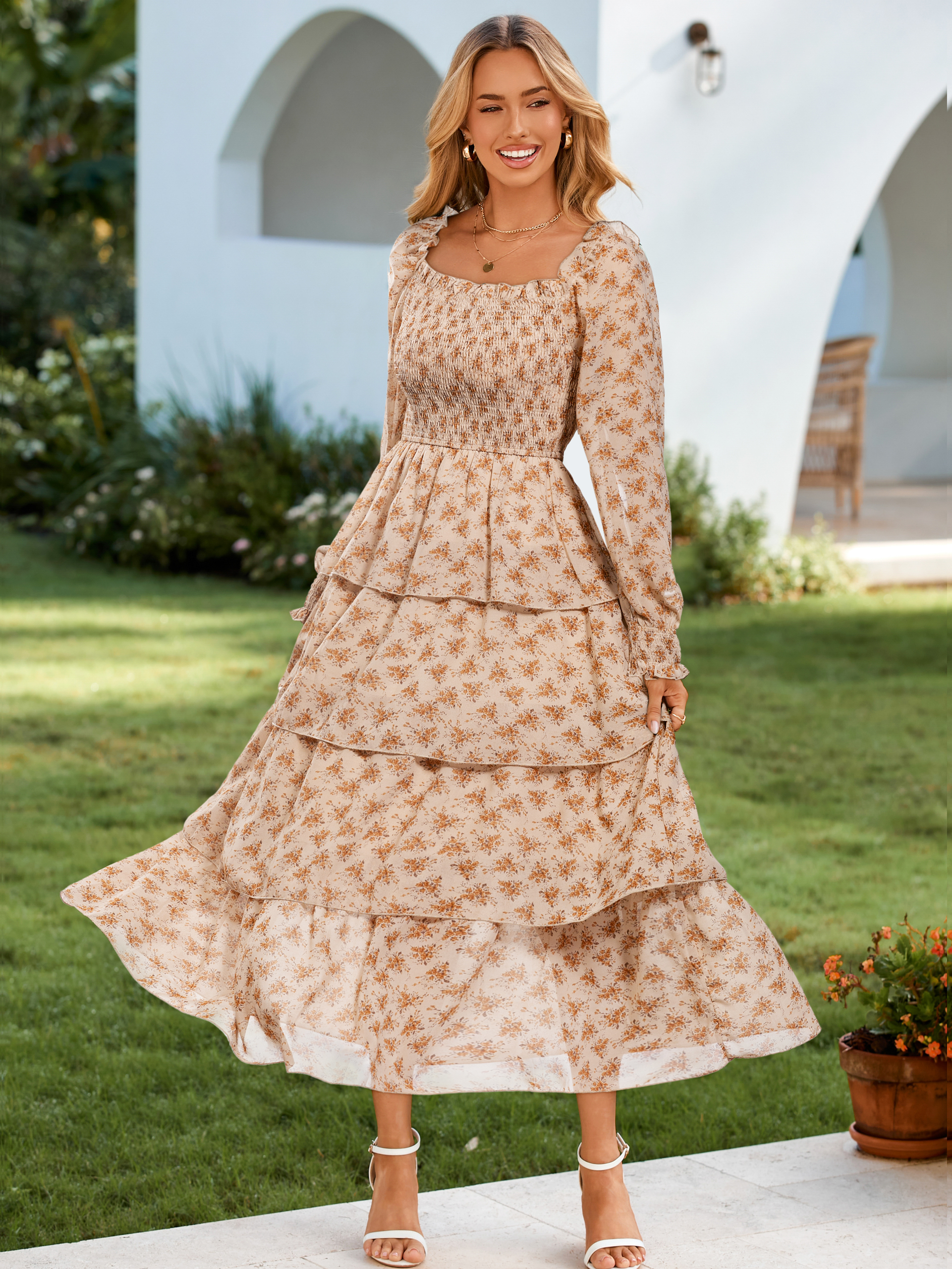 Floral Chiffon Tiered Smocked Wedding Guest Dress