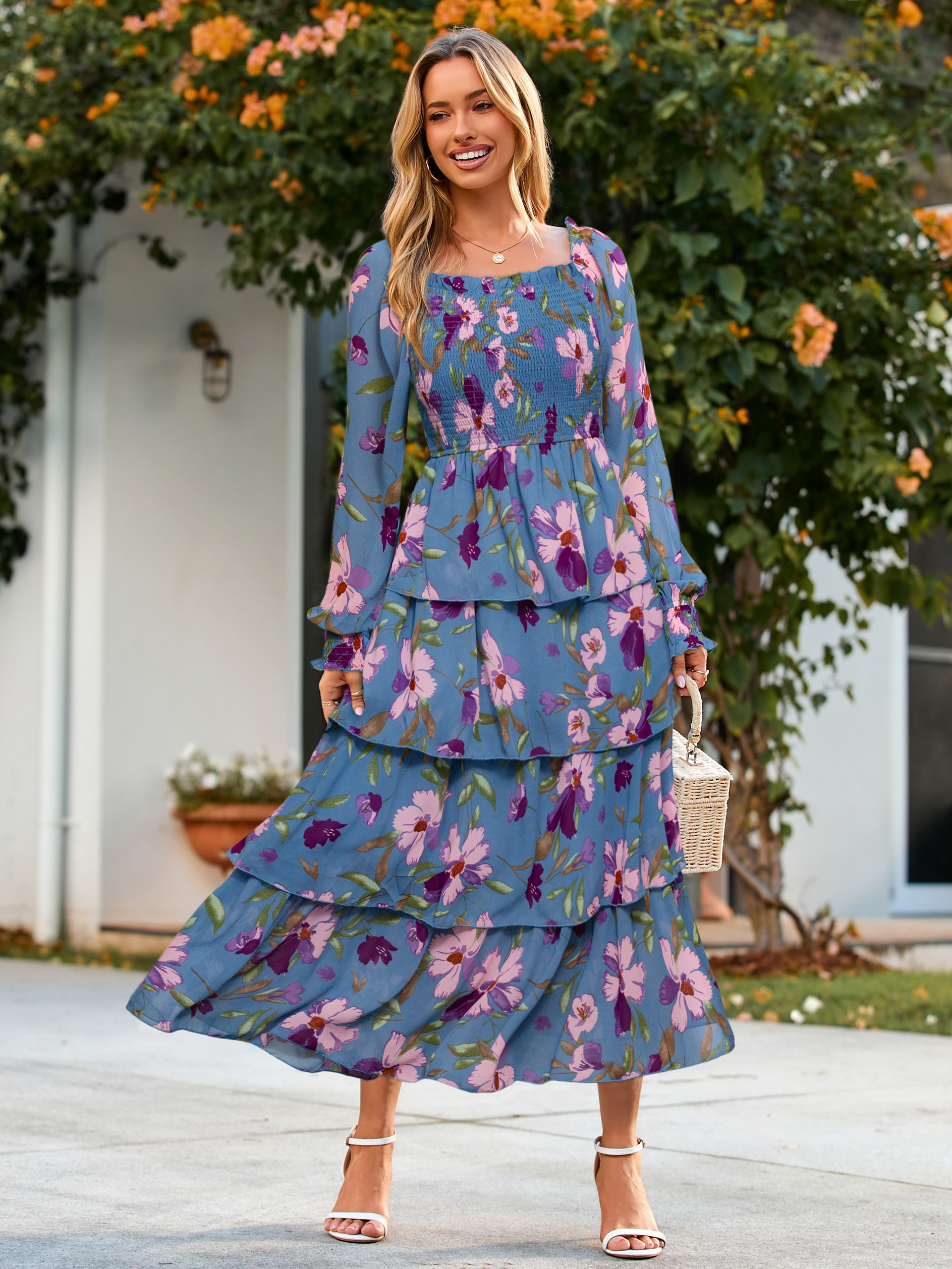 Floral Chiffon Tiered Smocked Wedding Guest Dress