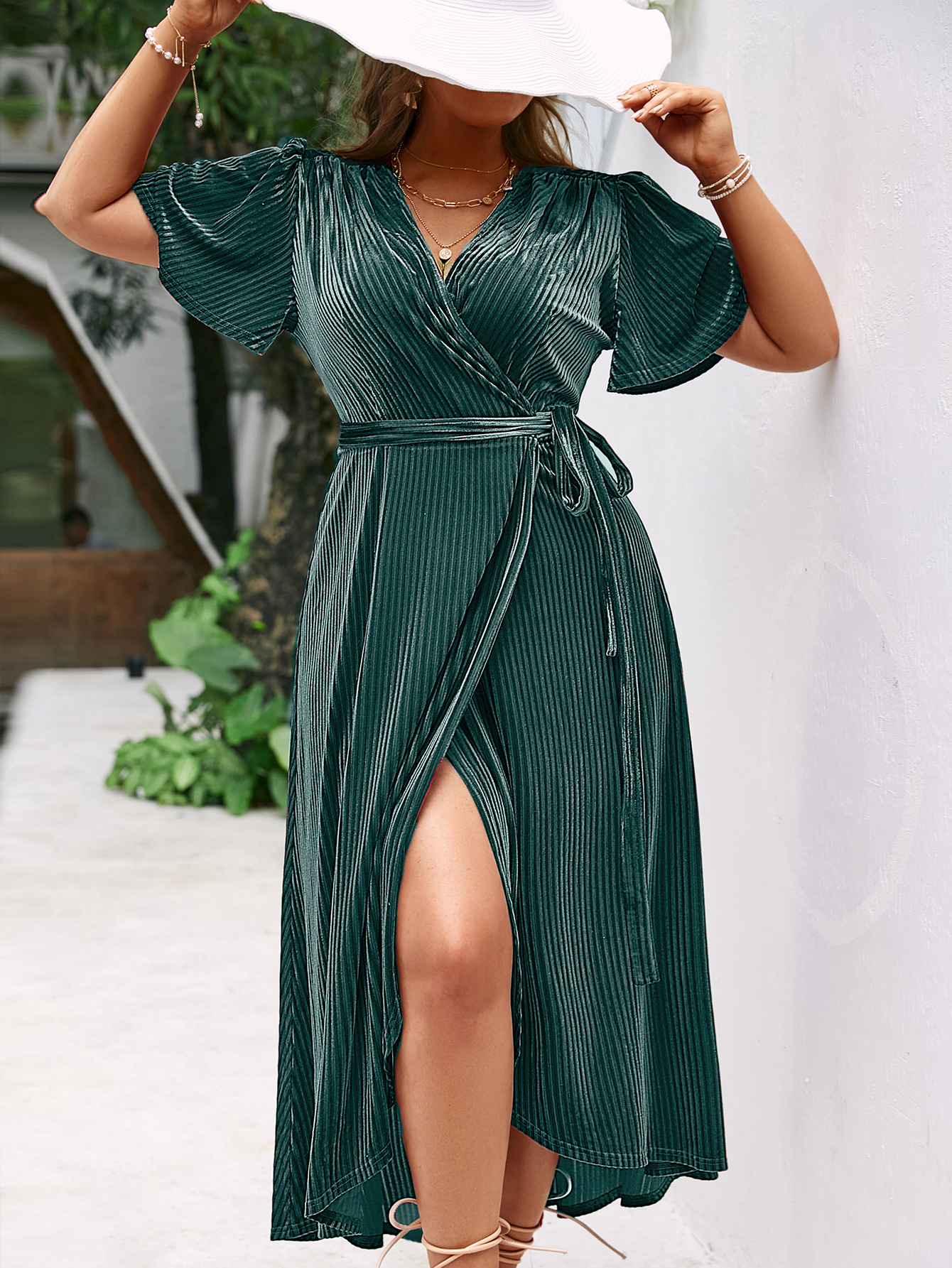 Plus Size Velvet V Neck Short Sleeve Wrap Maxi Dress