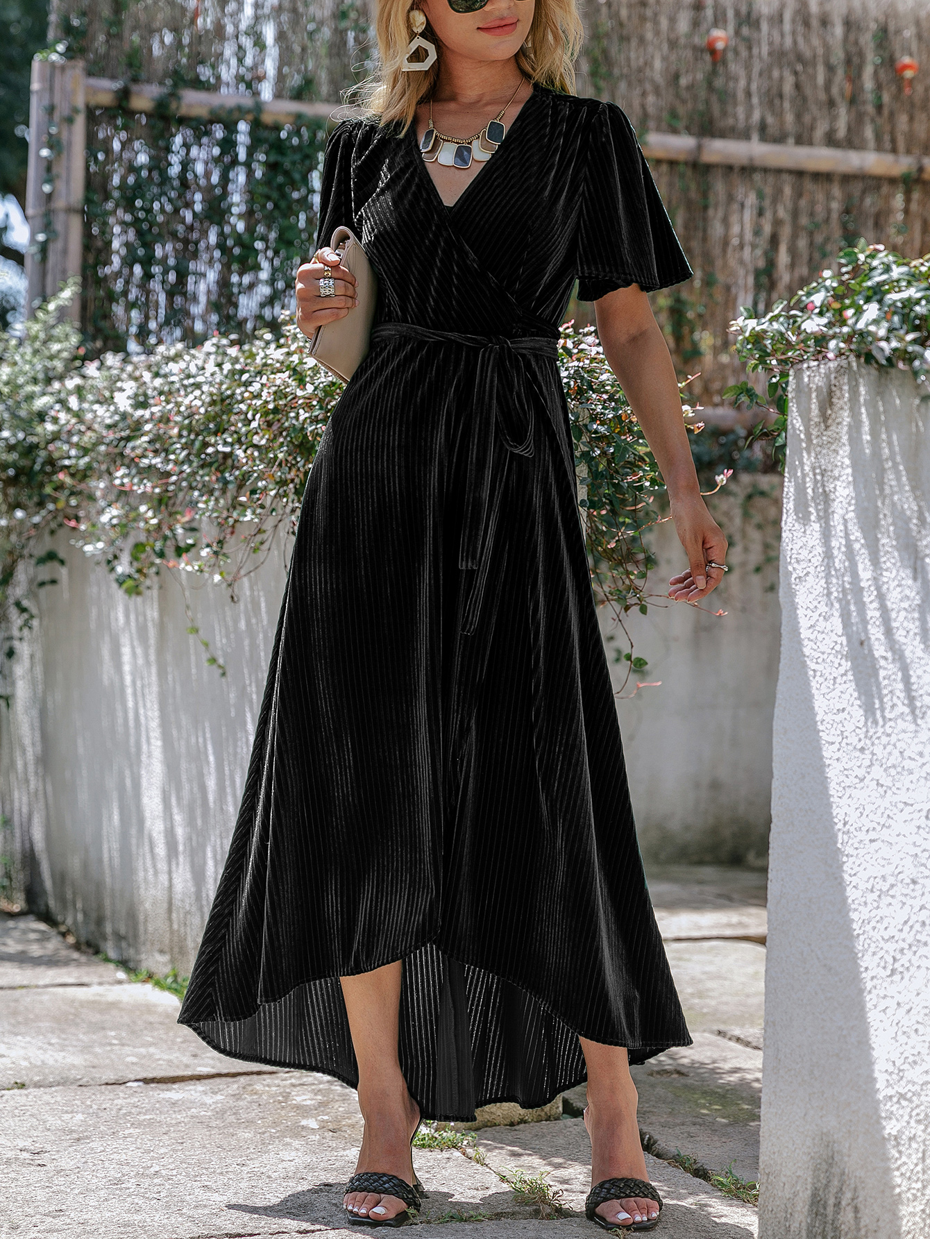 Velvet V-Neck Short Sleeve Belted Wrap Maxi Dress