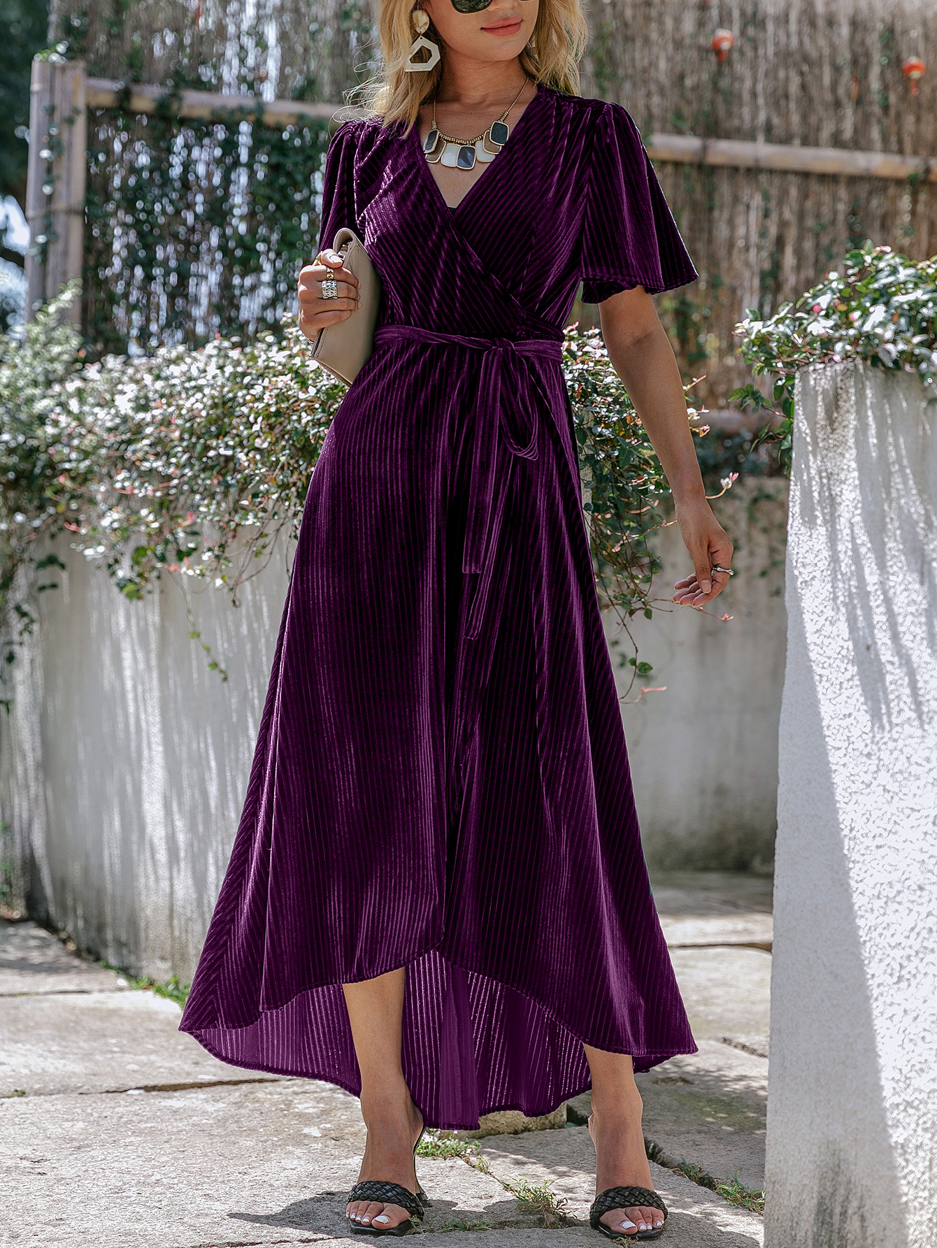 Velvet V-Neck Short Sleeve Belted Wrap Maxi Dress