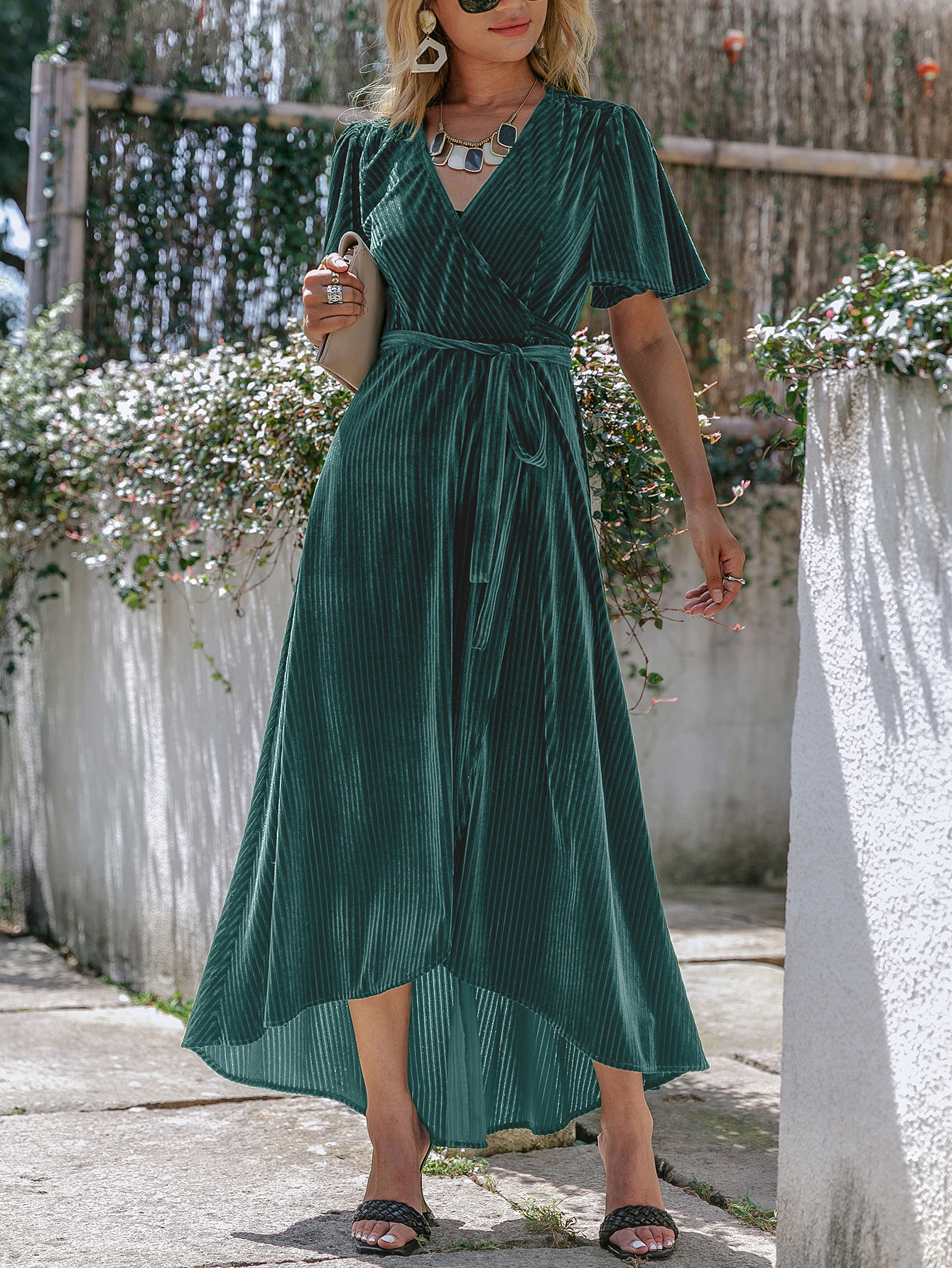 Velvet V-Neck Short Sleeve Belted Wrap Maxi Dress