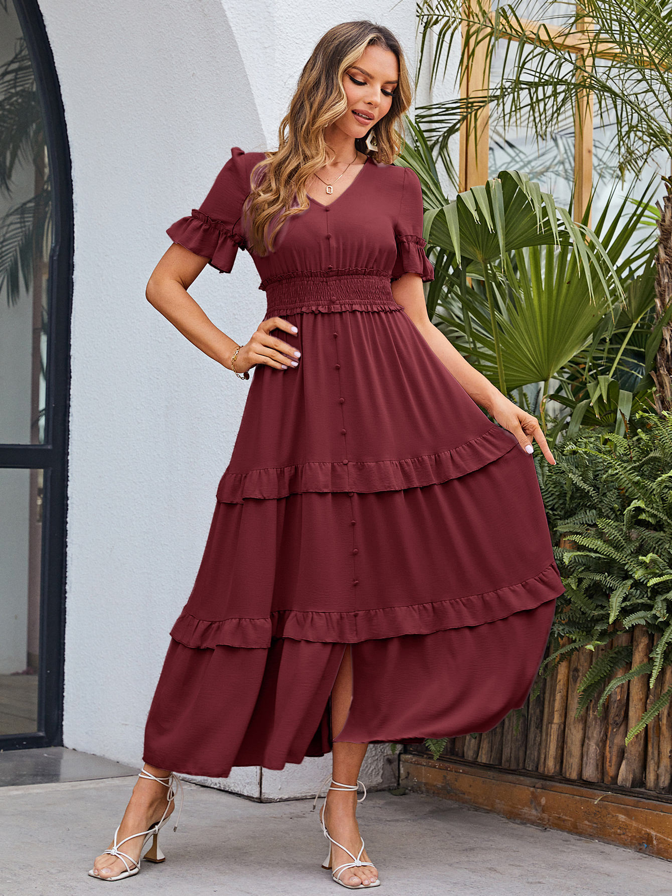 Short Sleeve Tiered Ruffle Smocked V-Neck Maxi Dress