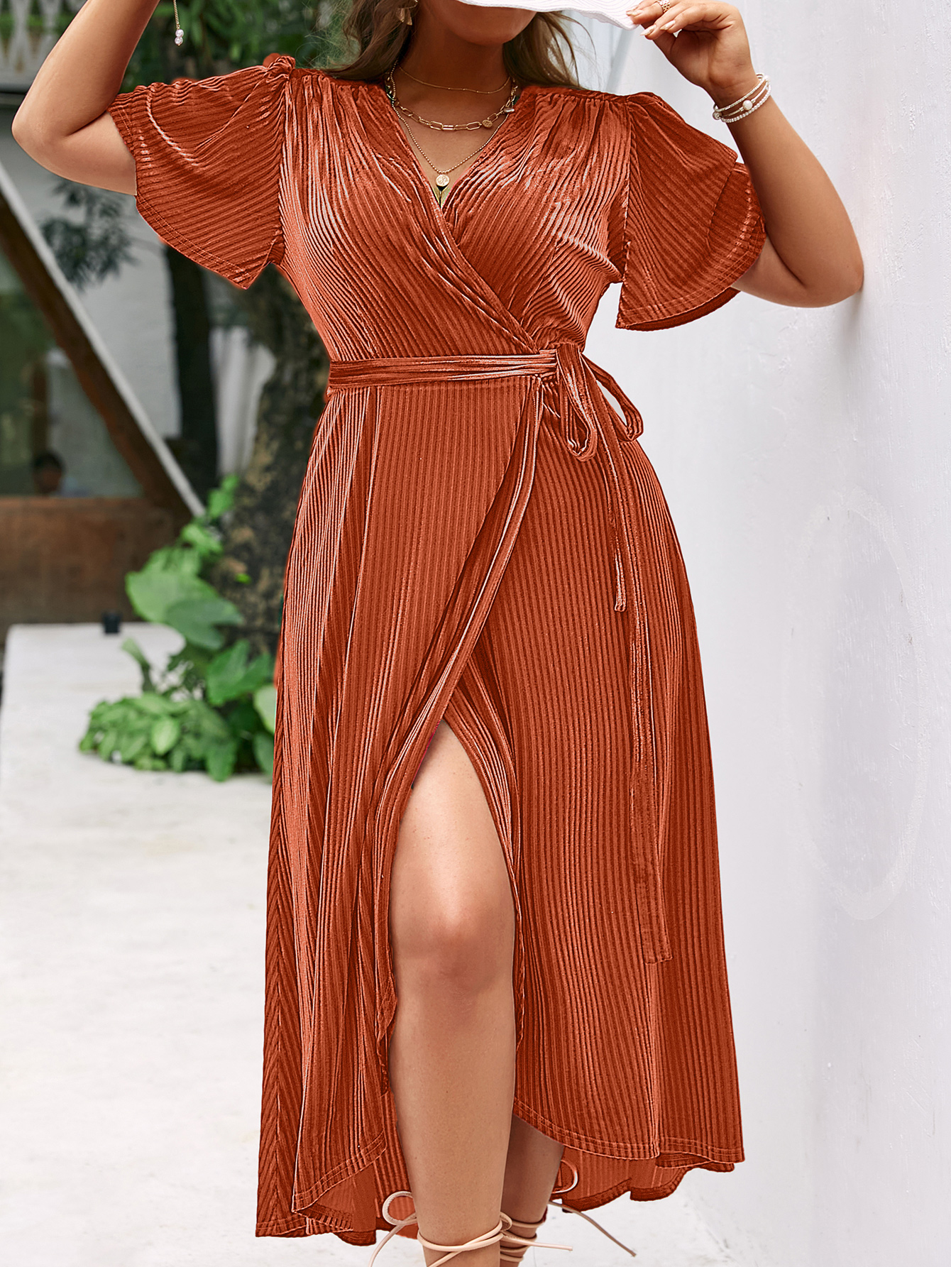 Plus Size Velvet V Neck Short Sleeve Wrap Maxi Dress