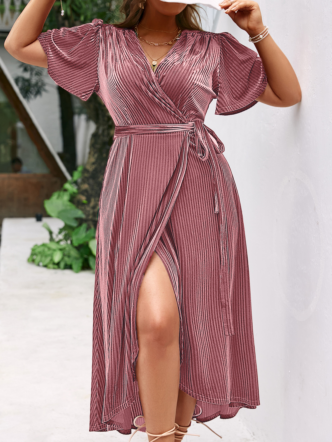 Plus Size Velvet V Neck Short Sleeve Wrap Maxi Dress