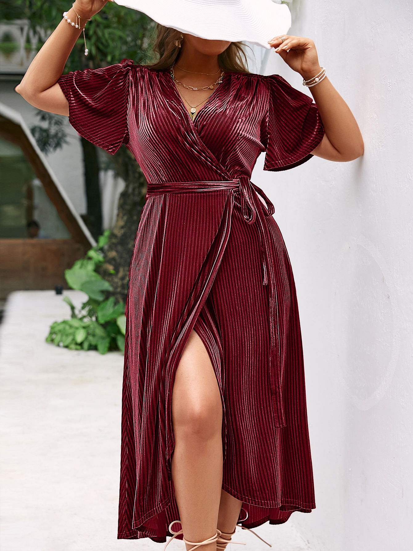 Plus Size Velvet V Neck Short Sleeve Wrap Maxi Dress