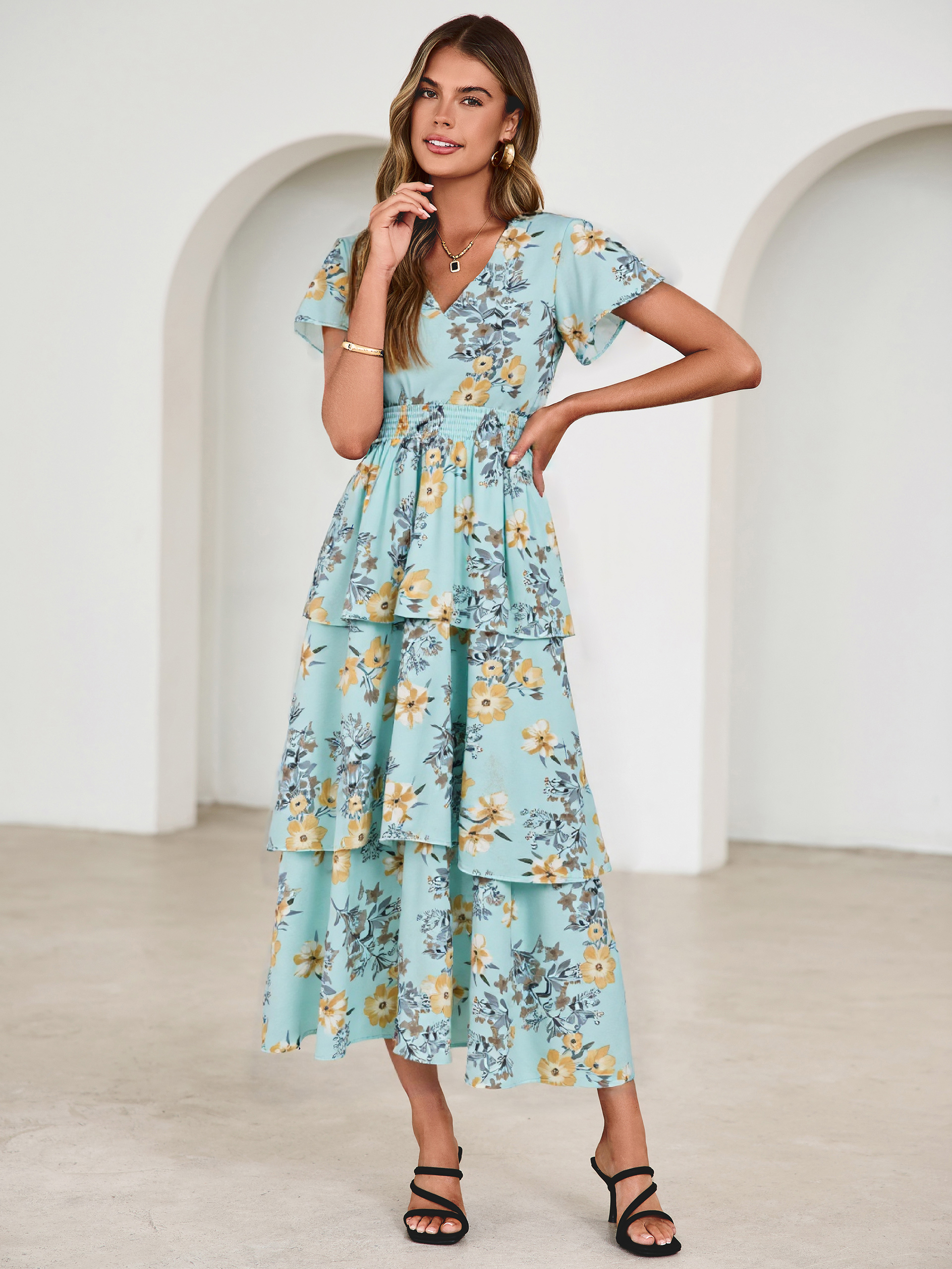Ruffle Tiered Floral Wedding Guest Maxi Dress - Green Yellow Floral