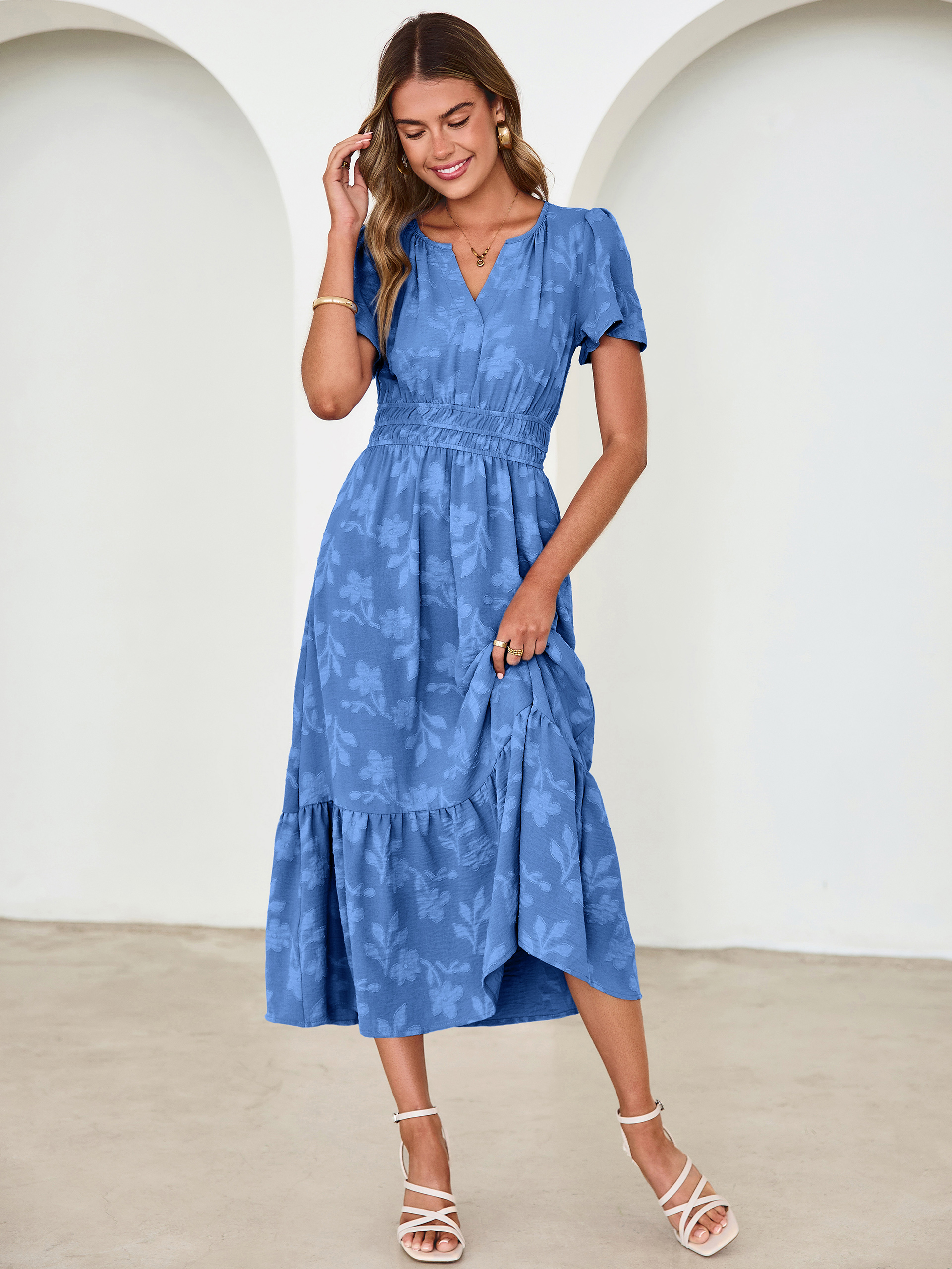 V Neck Burnout Floral Ruffle Maxi Dress