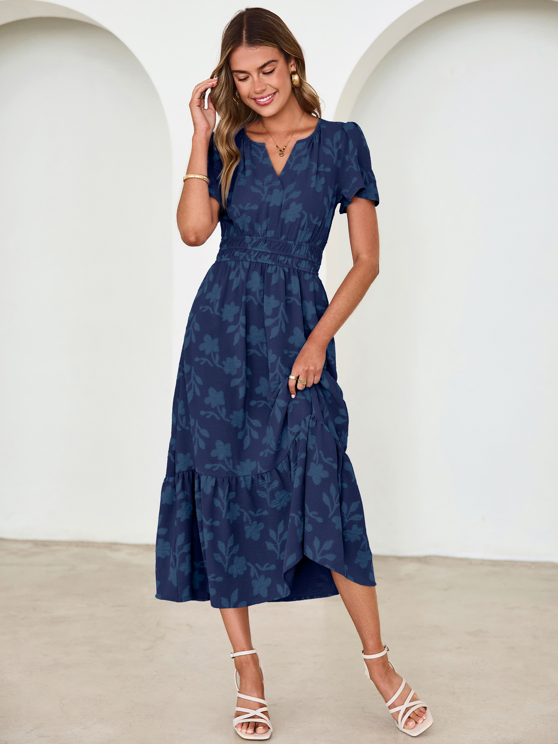 V Neck Burnout Floral Ruffle Maxi Dress