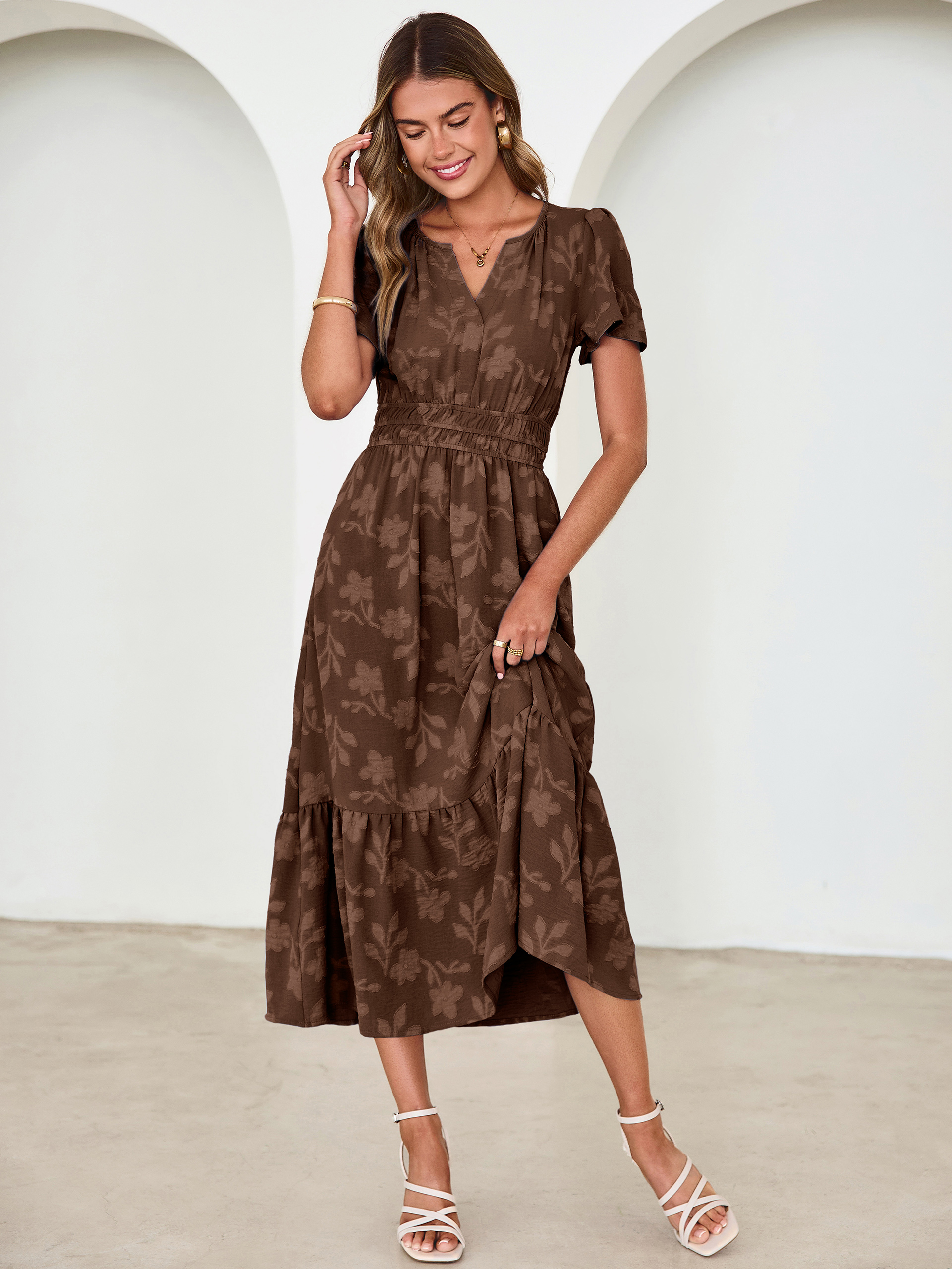 V Neck Burnout Floral Ruffle Maxi Dress - Chocolate Brown
