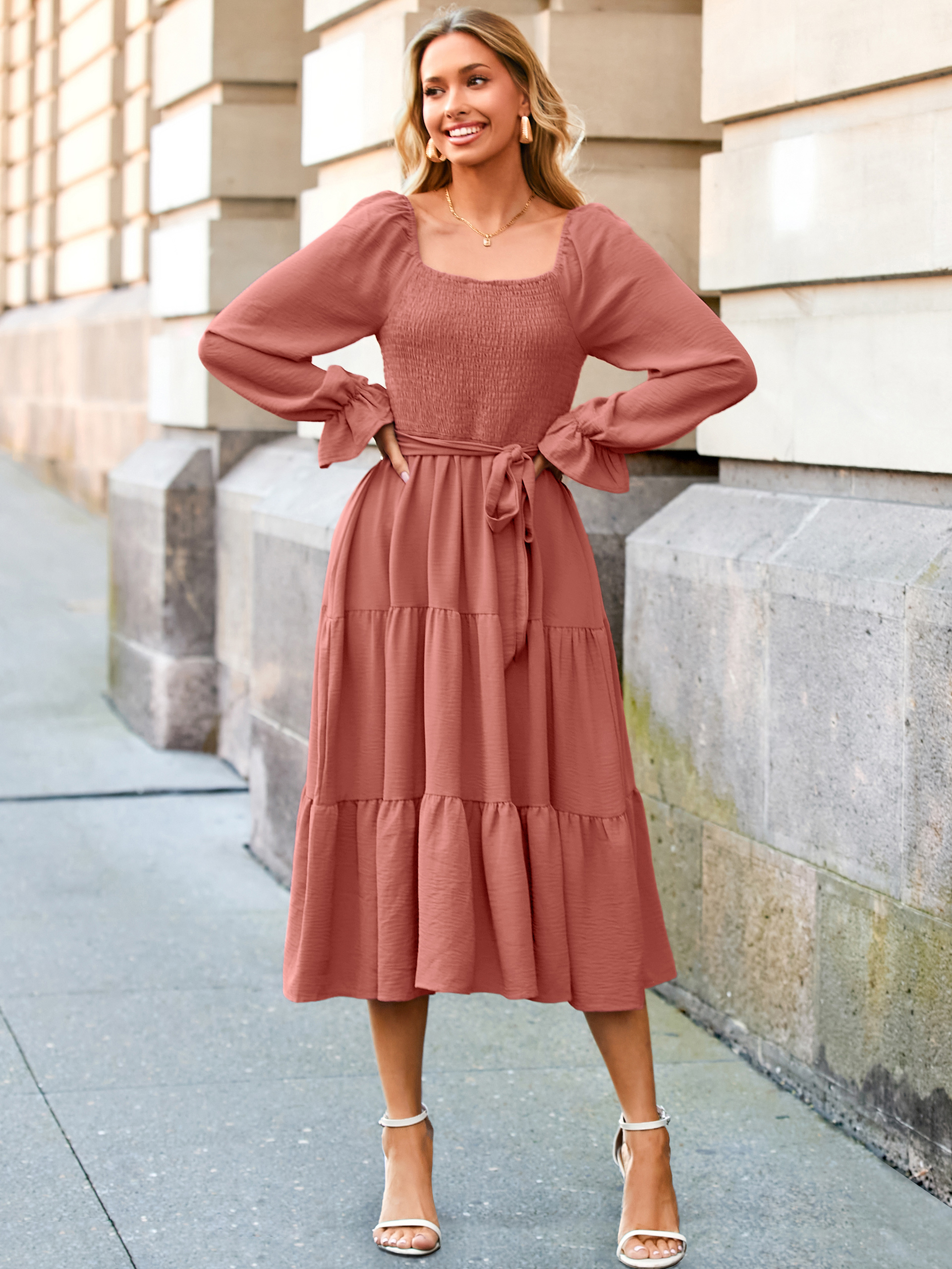 Square Neck Ruched Smocked Tiered Maxi Dress