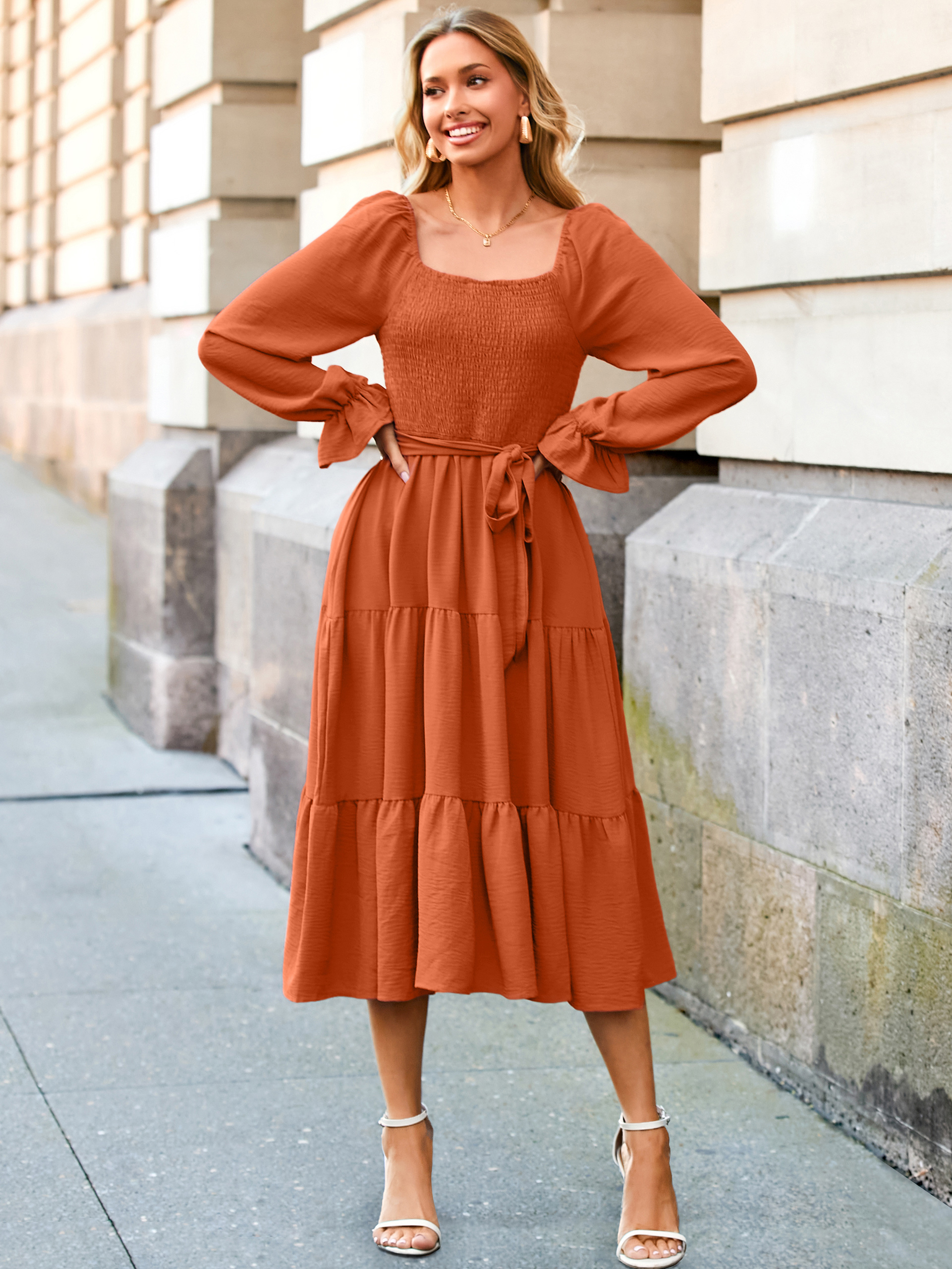 Square Neck Ruched Smocked Tiered Maxi Dress