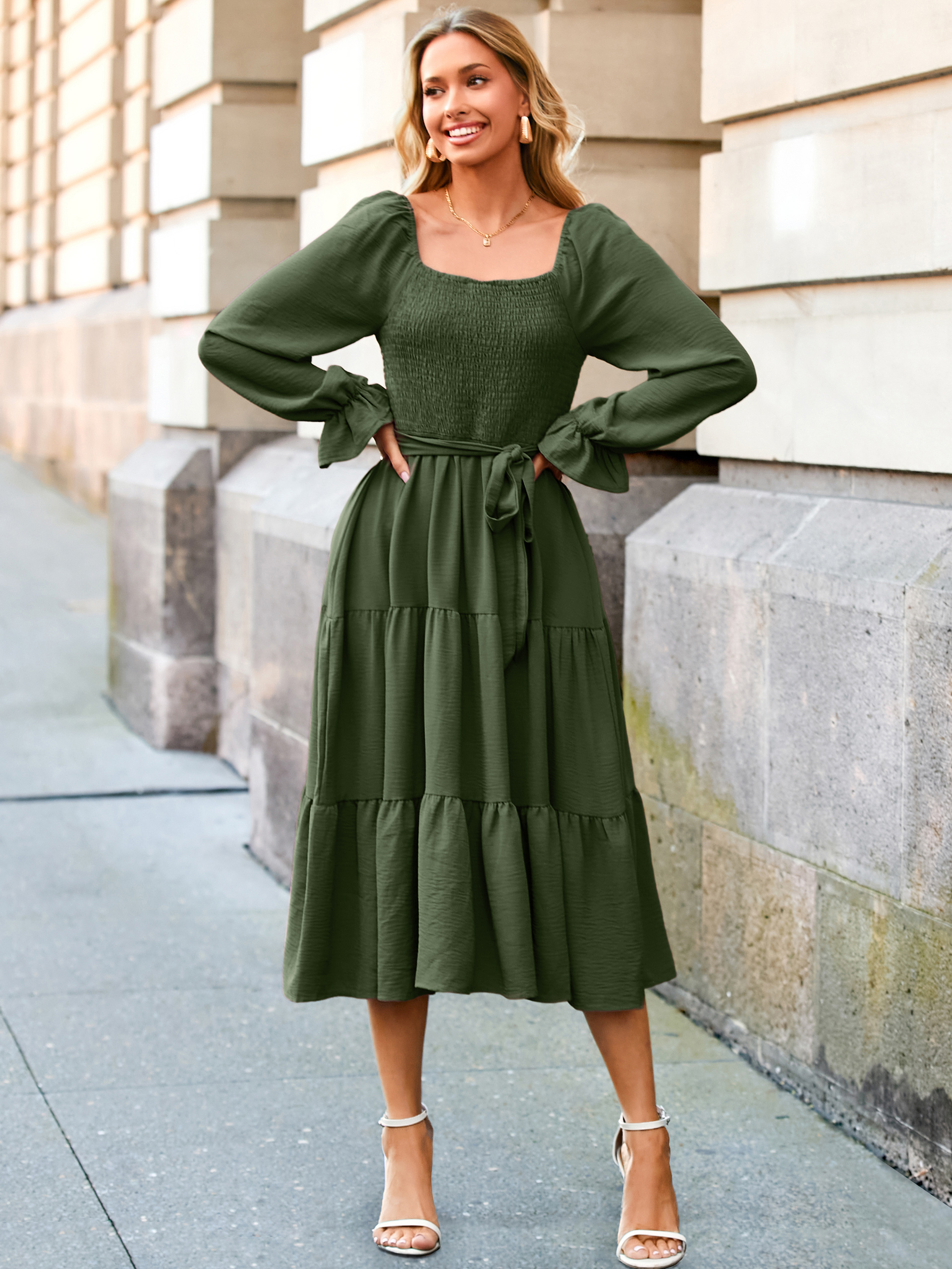 Square Neck Ruched Smocked Tiered Maxi Dress