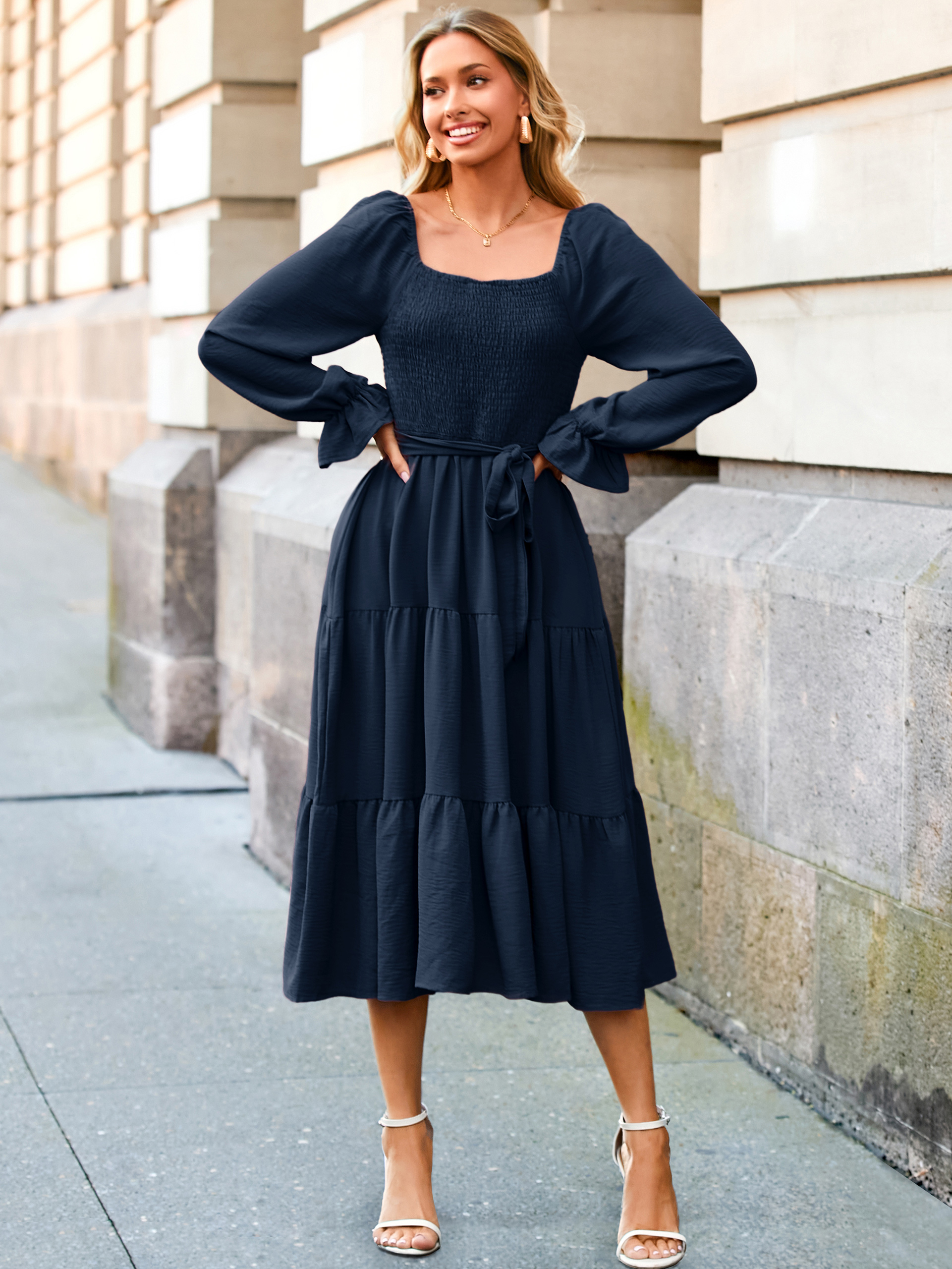 Square Neck Ruched Smocked Tiered Maxi Dress