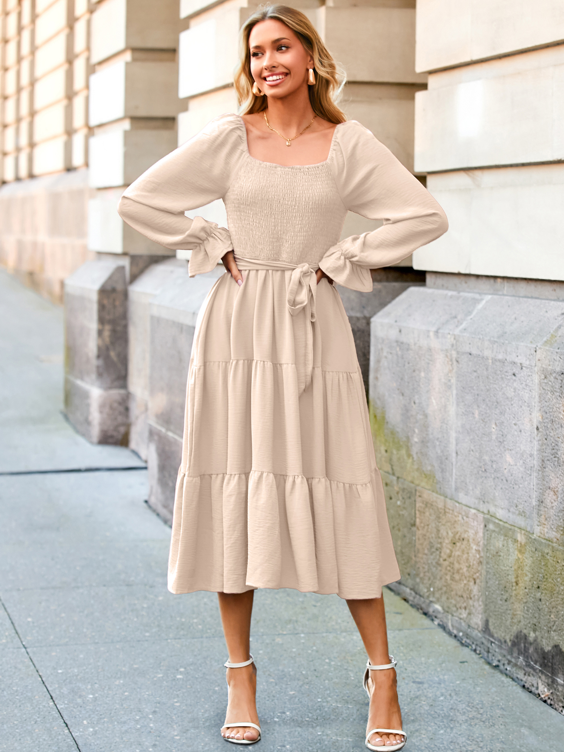 Square Neck Ruched Smocked Tiered Maxi Dress