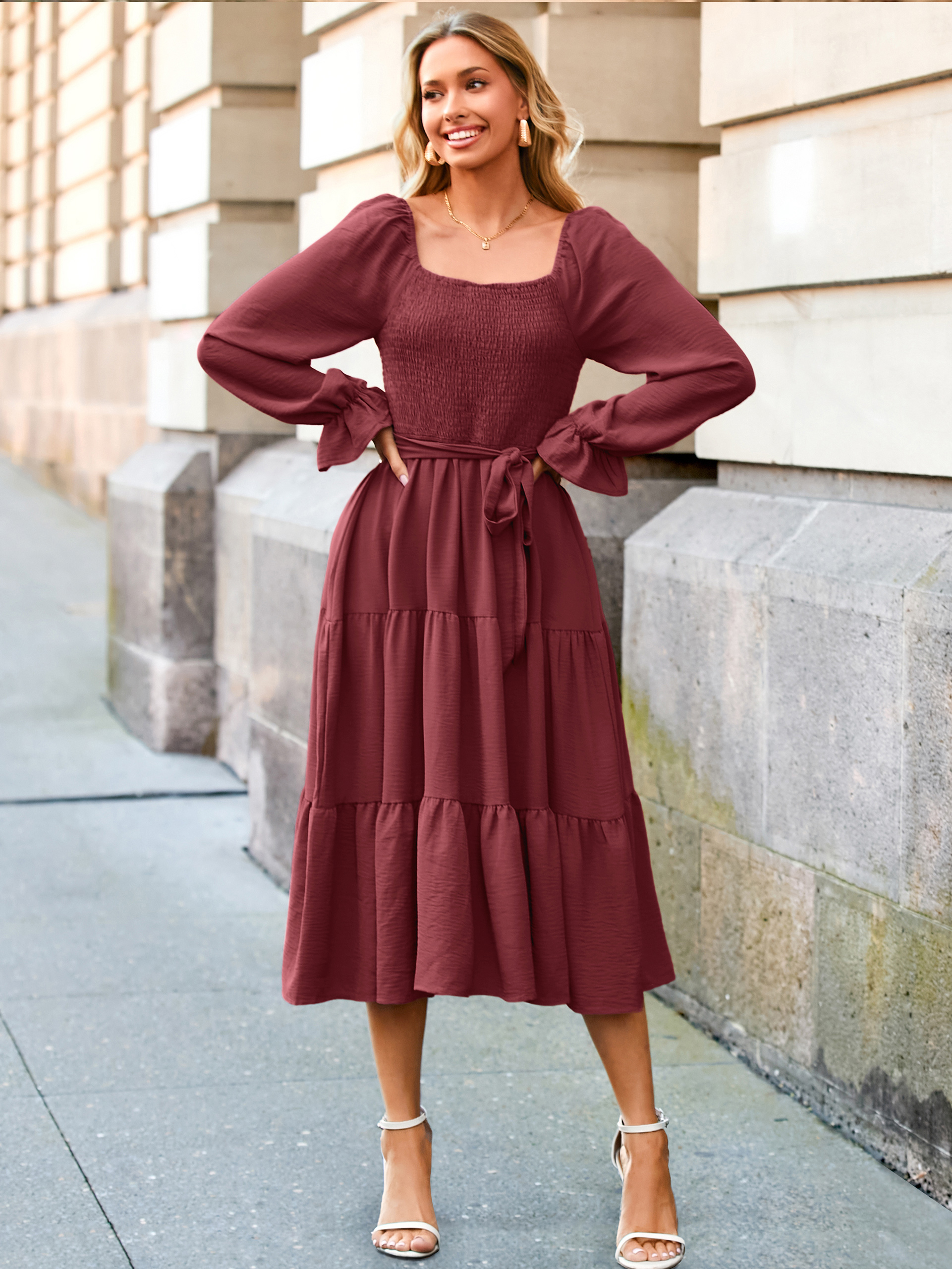 Square Neck Ruched Smocked Tiered Maxi Dress