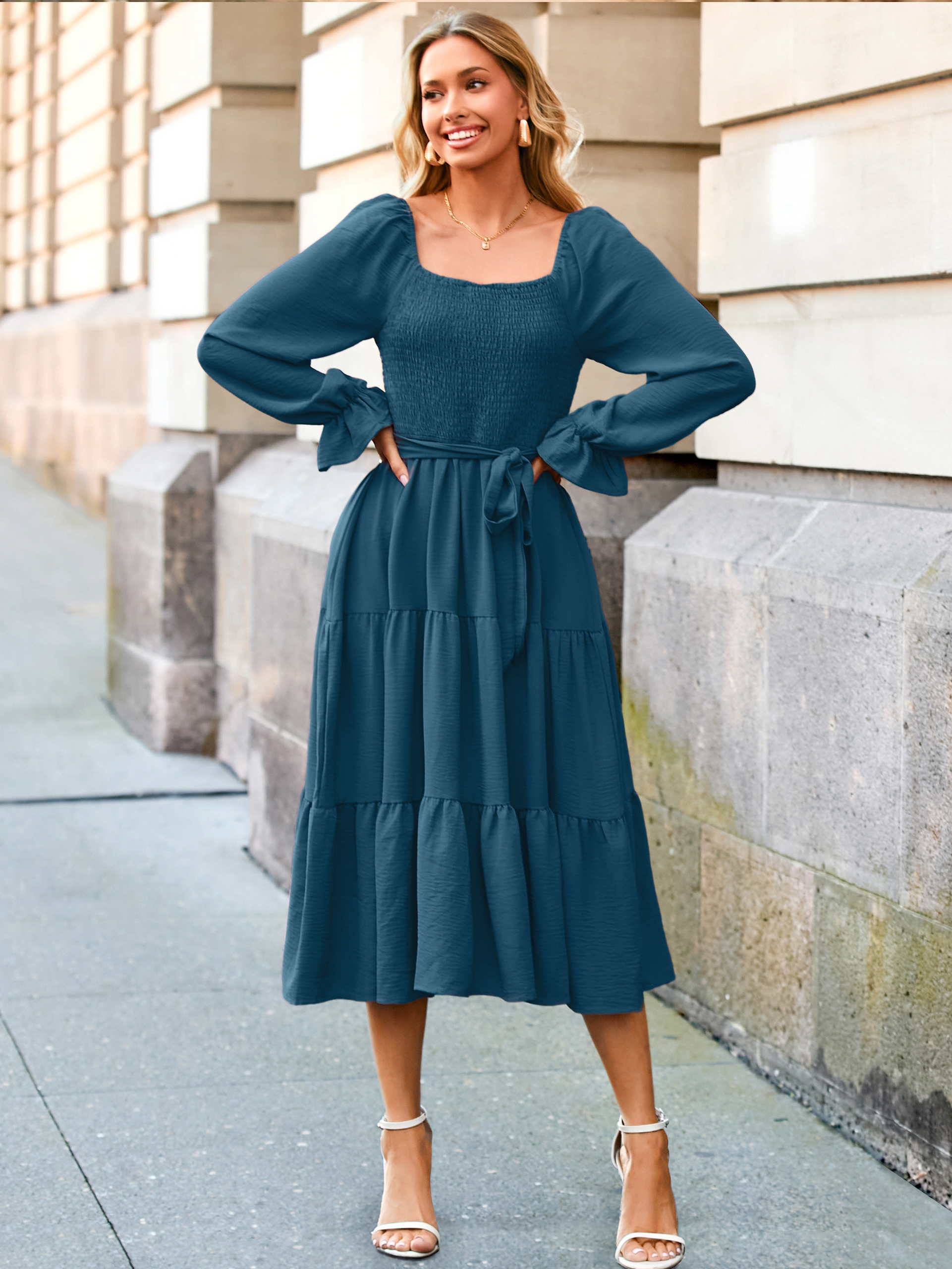 Square Neck Ruched Smocked Tiered Maxi Dress