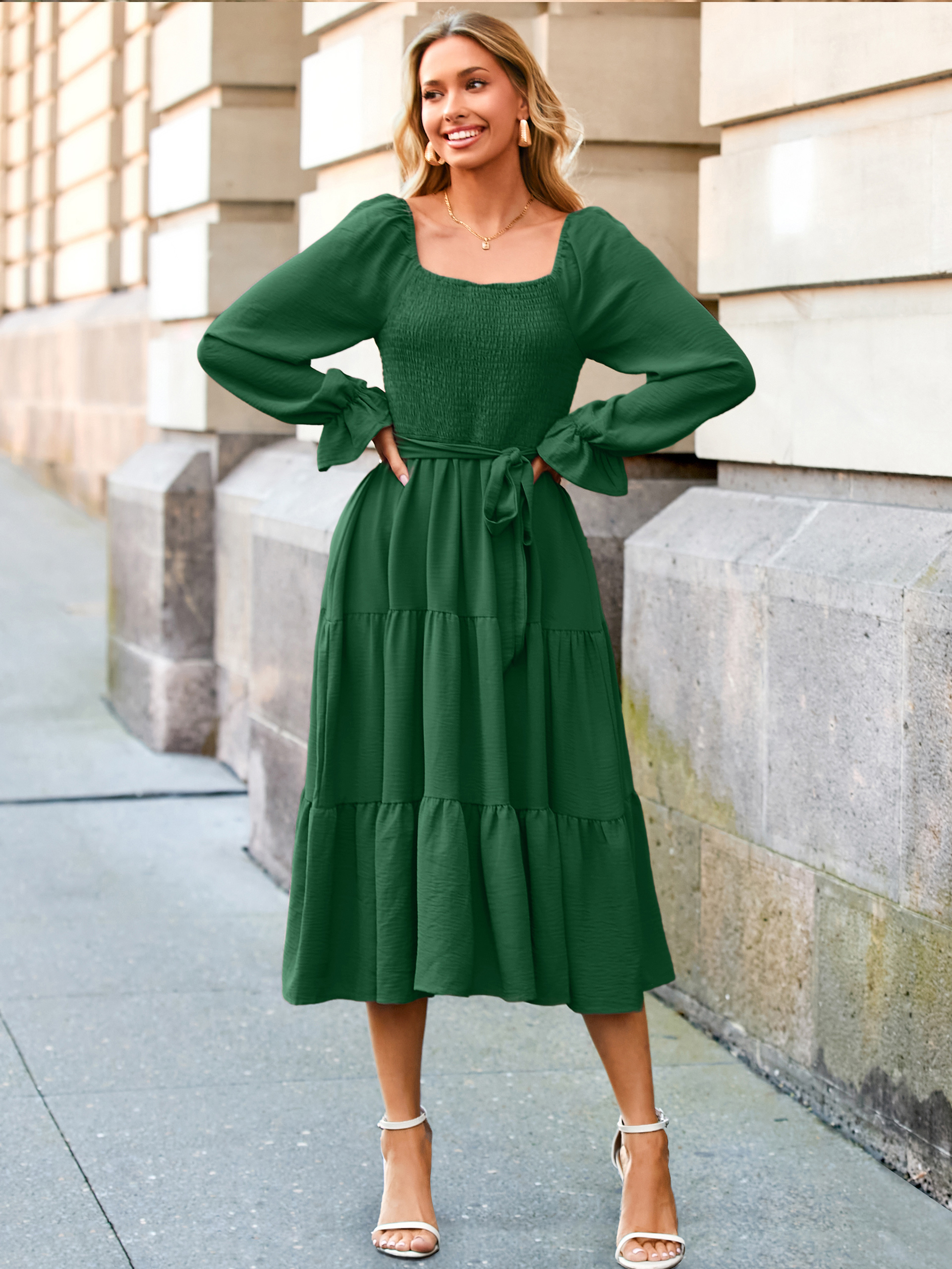 Square Neck Ruched Smocked Tiered Maxi Dress