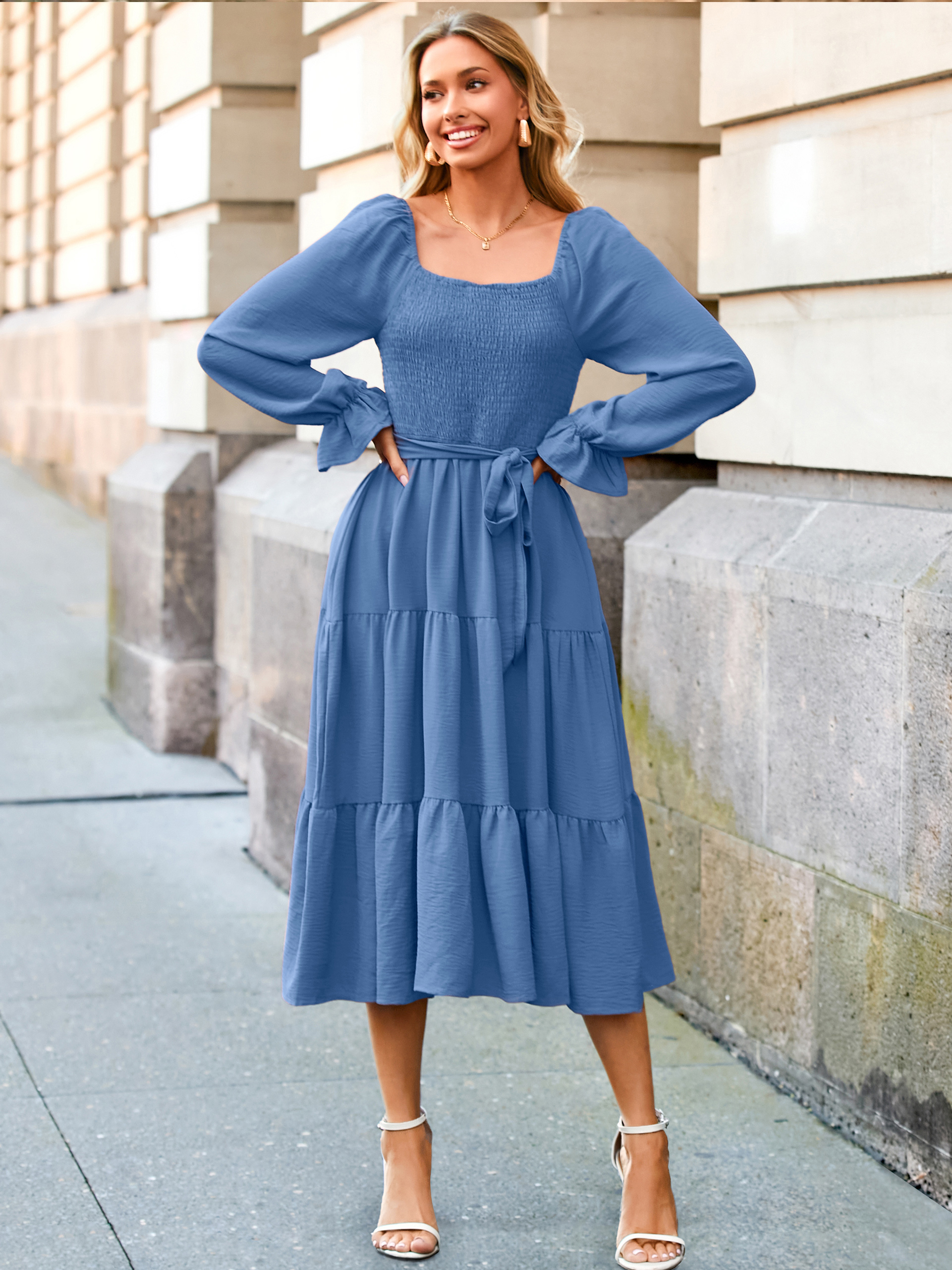 Square Neck Ruched Smocked Tiered Maxi Dress