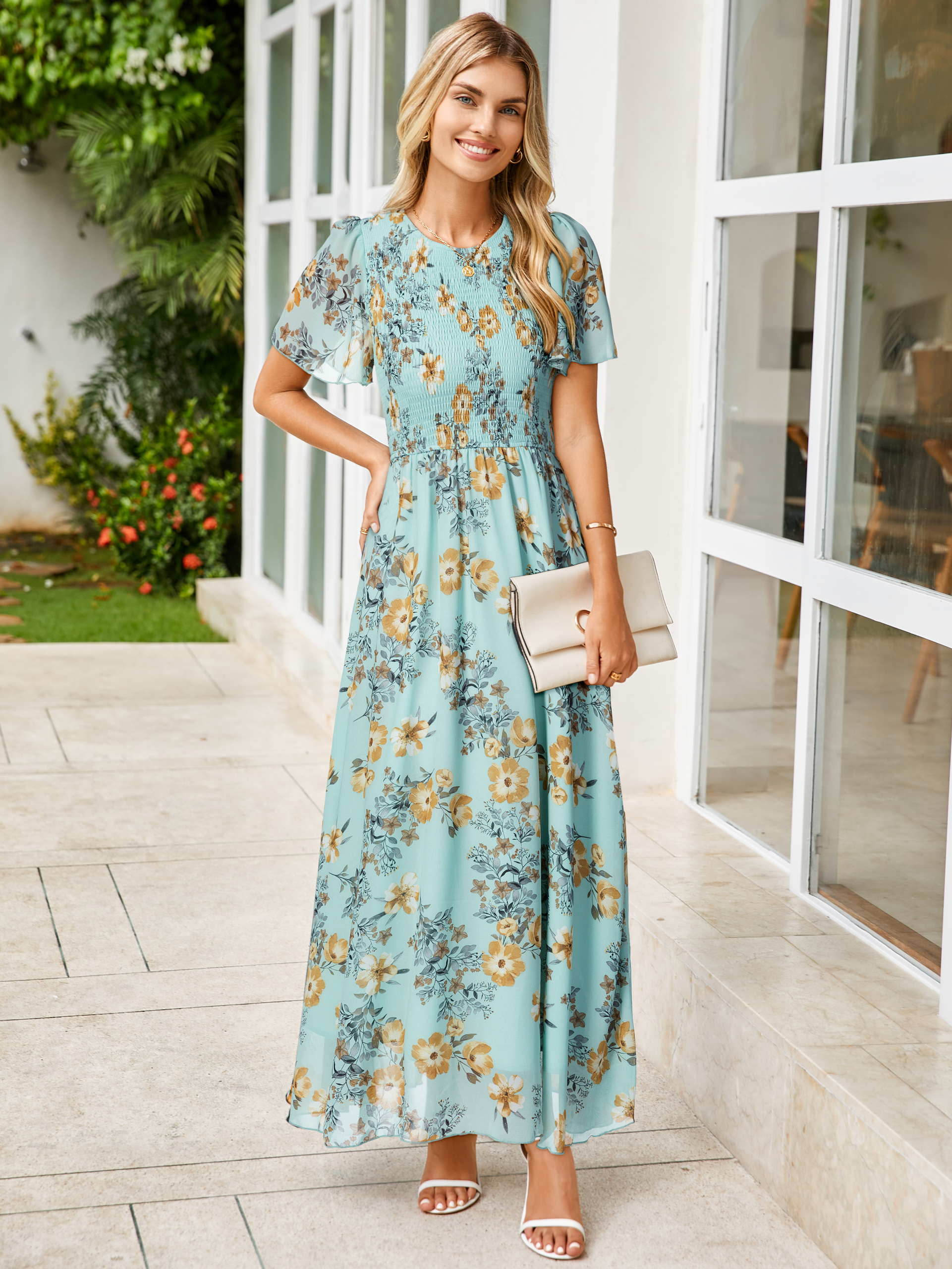 Chiffon Flutter Sleeve Smocked Floral Maxi Dress - Floral Light Green