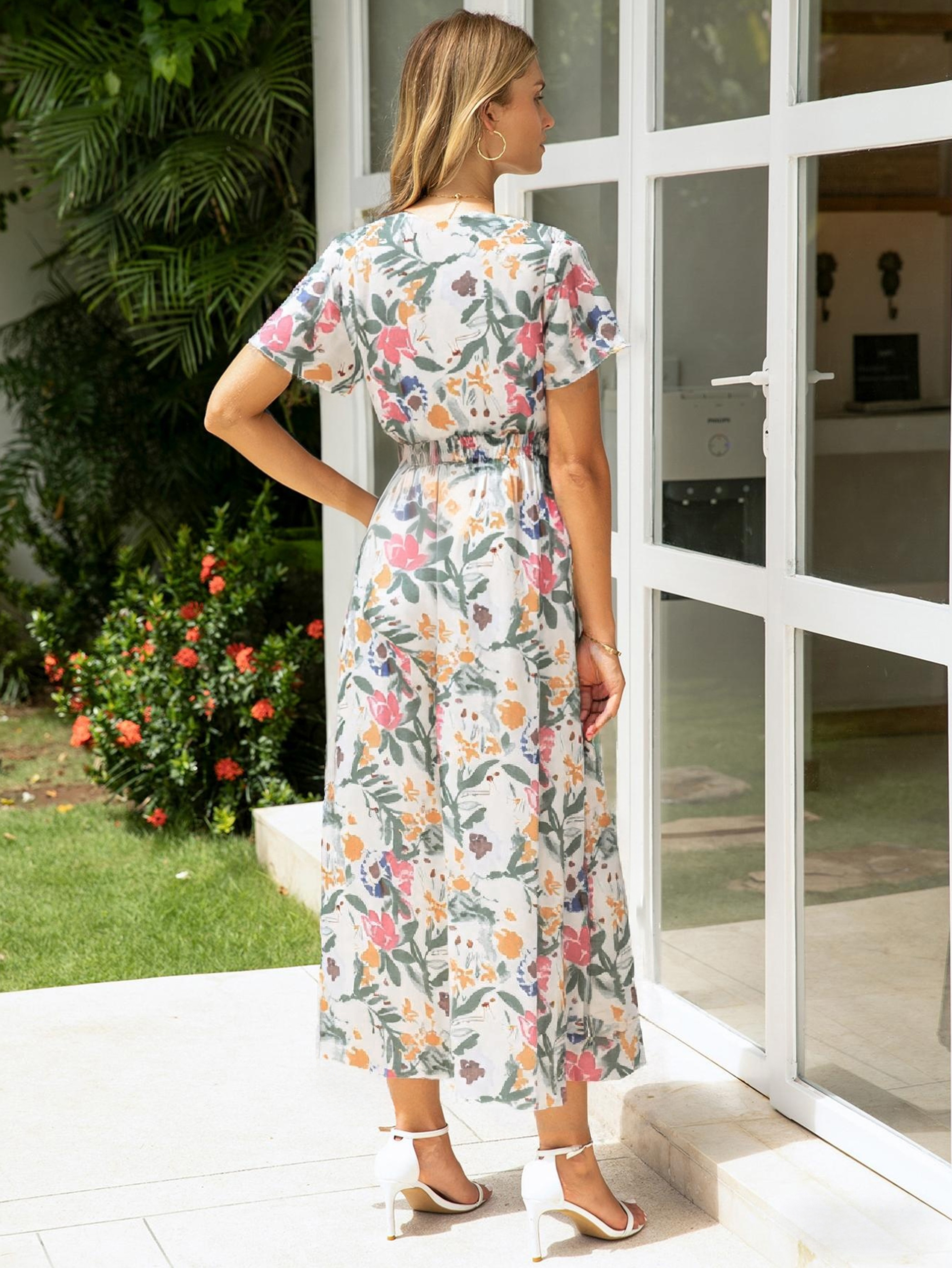 Boho V Neck Smocked Waist A-Line Maxi Dress