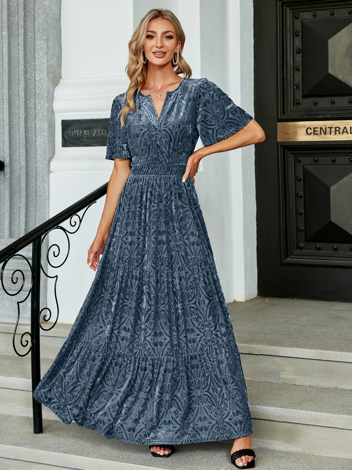 Velvet Print V-Neck Empire Tiered Ruffle Maxi Dress - Print-Blue