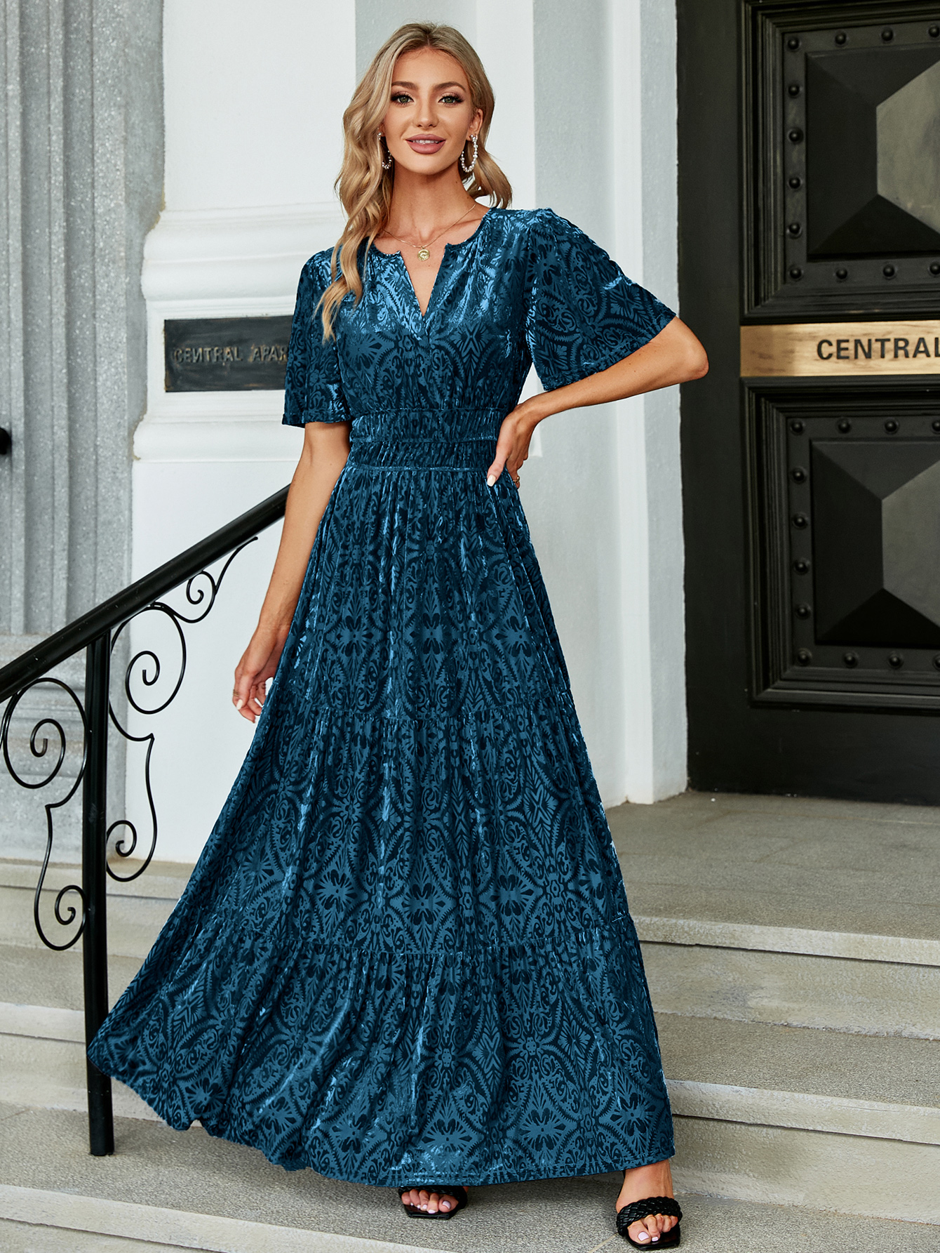Velvet Print V-Neck Empire Tiered Ruffle Maxi Dress - Print-Dark Blue