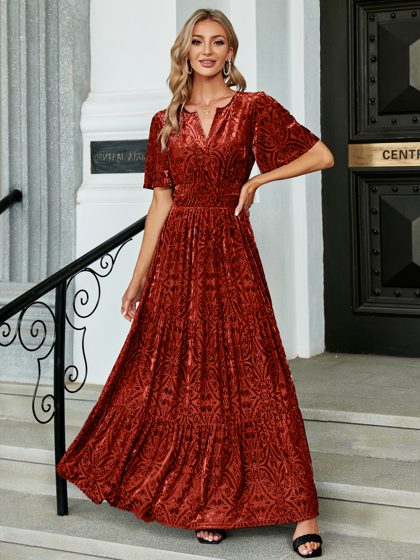 Velvet Print V-Neck Empire Tiered Ruffle Maxi Dress - Print-Reddish Orange